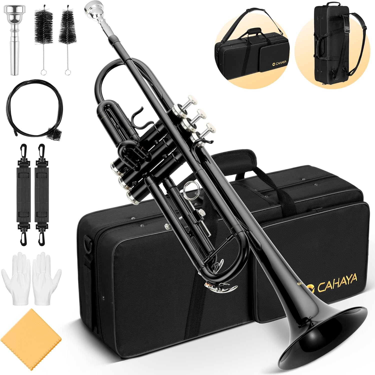 CAHAYA Bb Trumpet Instrument Trompeta: Student Trumpet with Hard Case 7C Mouthpiece Gloves Standard Trumpets for Beginners or Advanced Students Black