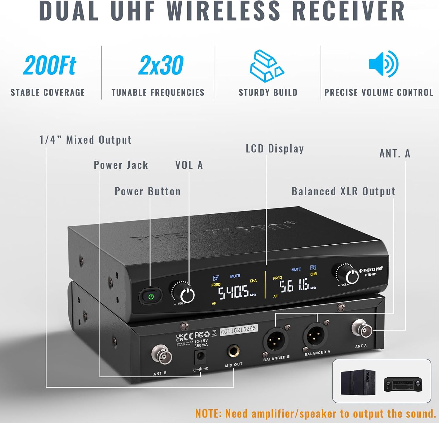 Phenyx Pro UHF Wireless Handheld Microphone System PTU-52-1H1B Bundle with 6Ft XLR Snake Cable