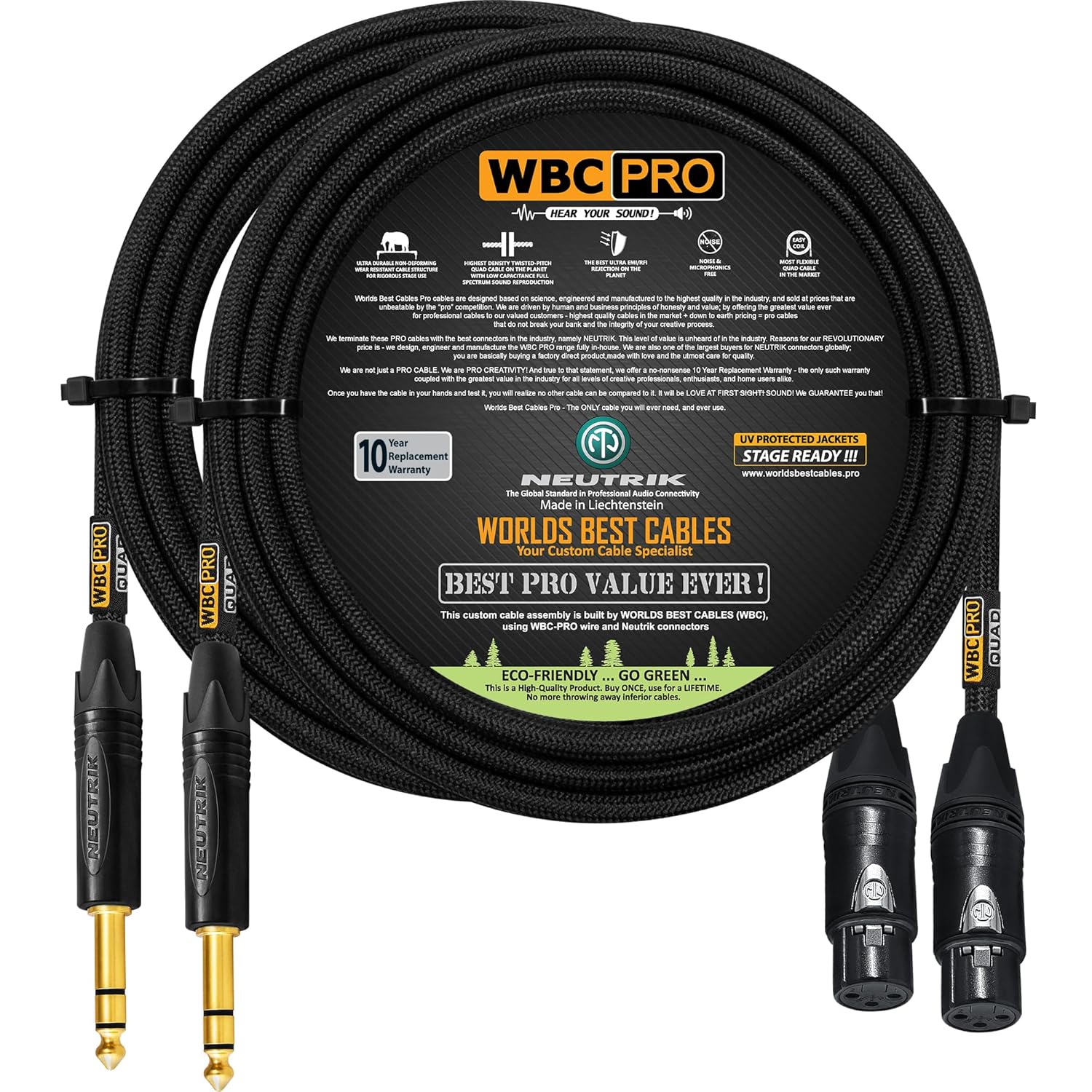 2 Units - 12 Foot - WBC-PRO-Quad Ultra-Silent Ultra-Flexible Balanced Star-Quad XLR to TRS Cable with Gold Neutrik NC3FXX-B Female XLR & NP3X-B Straight TRS Stereo Phone Plugs - Black Tweed Jacket