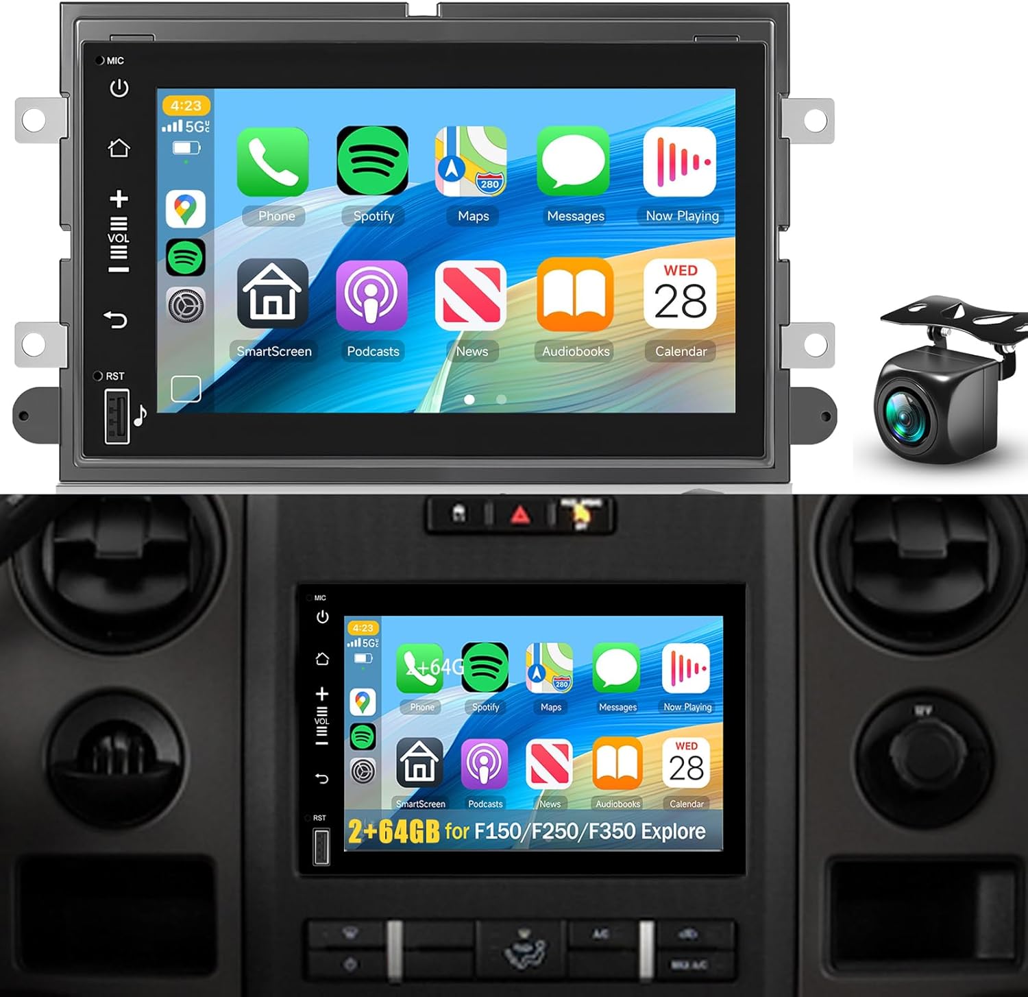 8Core 4+64G Car Stereo for Ford F150 F-150,F250,F350, Escape,Fusion,Explorer,Focus,Edge,Taurus Wireless Carplay/Android Auto,Android 59UI/32EQ DSP/GPS/WiFi/BT5.0/FM RDS/Mirror Link+Backup Camera