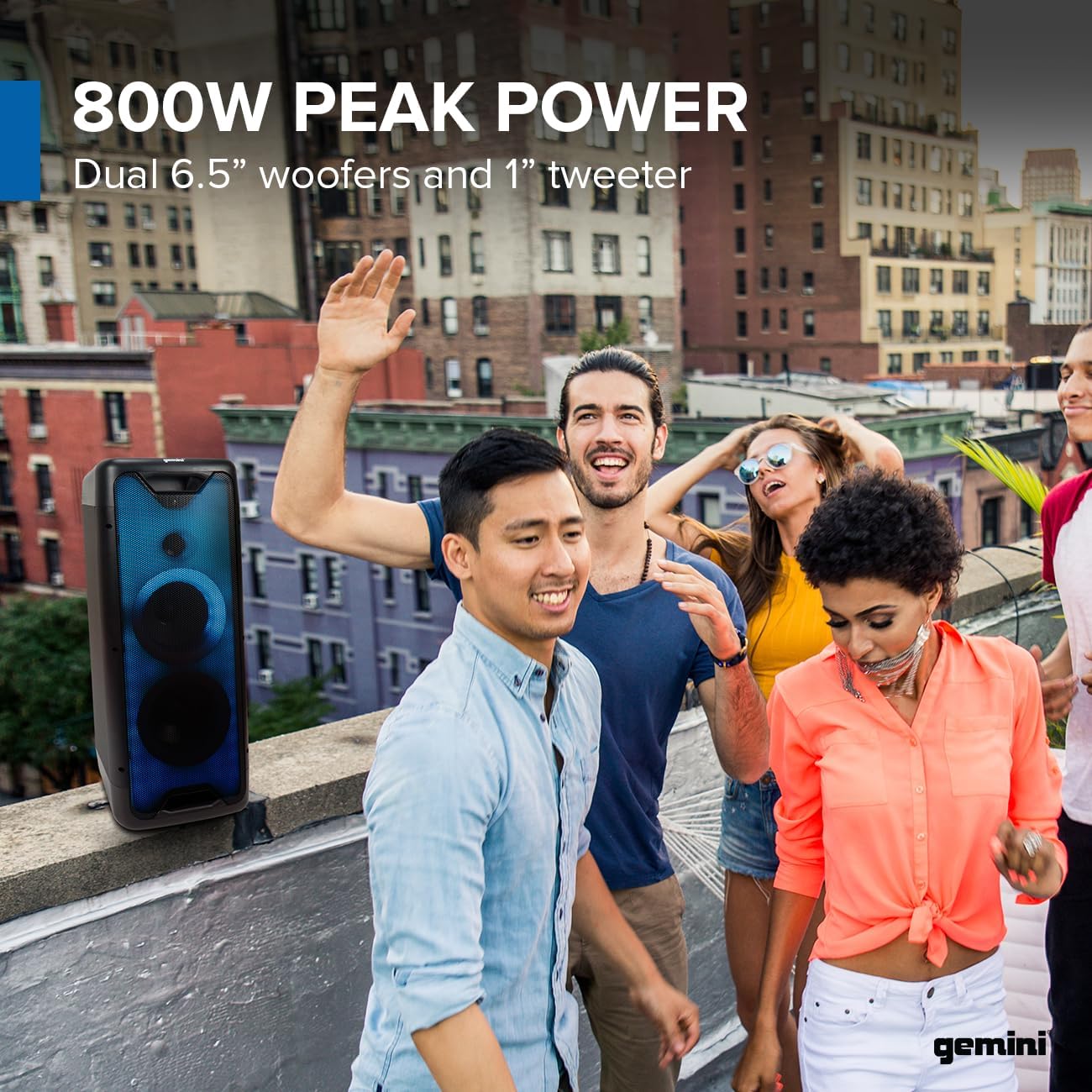 Gemini Bluetooth Party Speaker 800W with LED Lights, Dual 6.5” Woofers, Mic & Guitar Inputs, TWS Pairing, USB/FM/AUX/Bluetooth Playback, 16 Hr Battery – Portable Speaker for Parties (GLS-550)