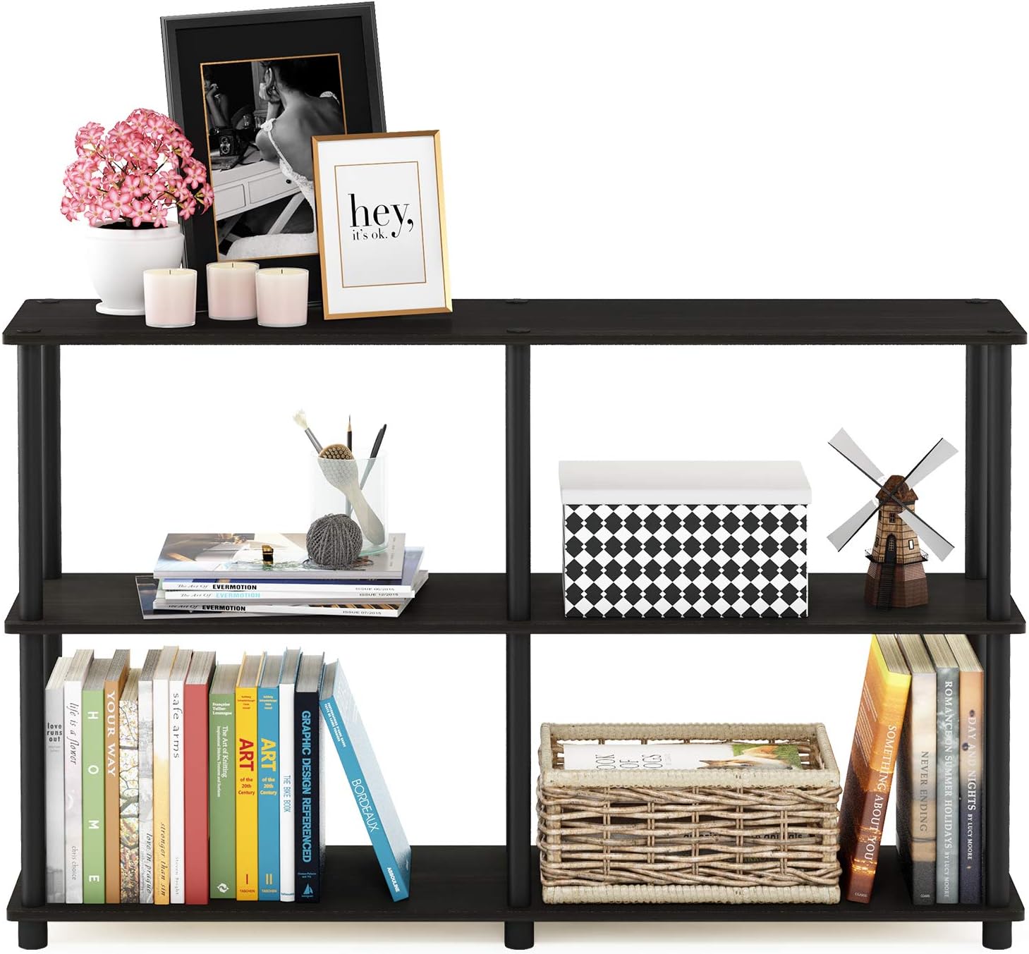 Furinno TURN-N-TUBE Storage Shelves, 3-Tier 47.4 Wide Book Shelf, Corner Shelf, Toolless Open Shelves, for Organization and Storage, Living Room, Garage, Home Office, Espresso