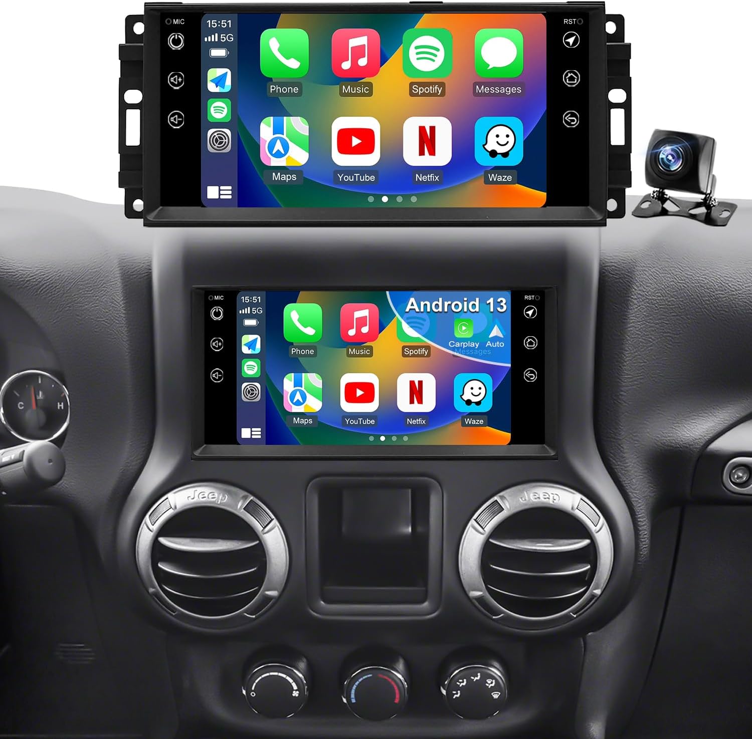 5GWifi Upgrade Android Car Radio for Jeep Wrangler JK 2007-2018, Compass Patriot Dodge RAM 1500/2500 2009-2012, Touch Screen Car Stereo, Wirelss Carplay Android Auto, GPS Navigator FM Backup Camera