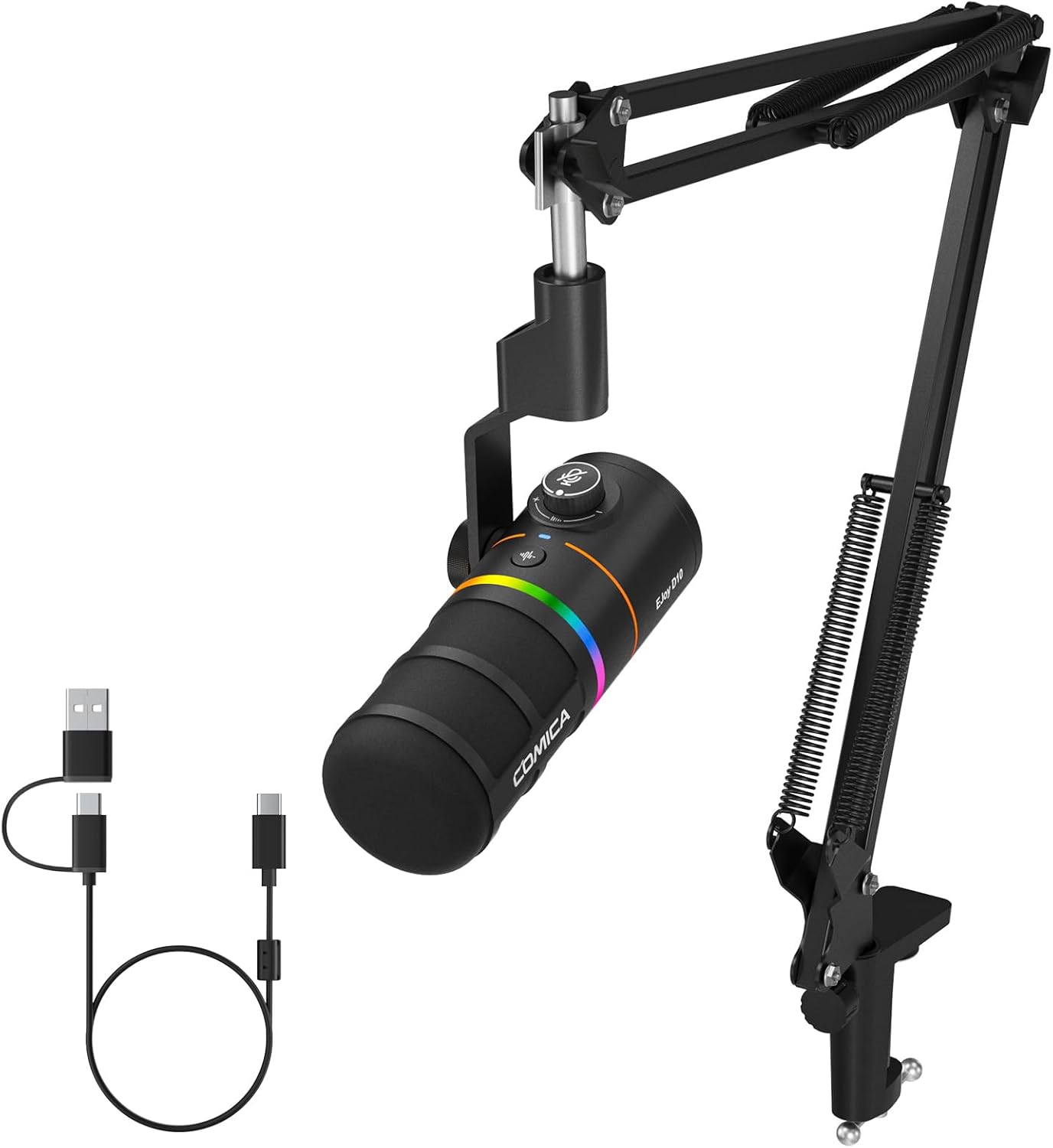 COMICA EJoy D10 XLR/USB-C Gaming Microphone for Podcasting Recording,Wired Dynamic Computer Mic for Desktop with Boom Arm,RGB,Mute,Noise Reduction,Gain,for PC,PS4,PS5,Live Streaming,YouTube(Black)