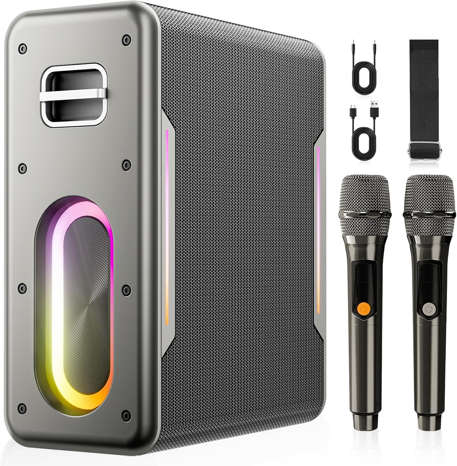 Karaoke Machine for Adults & Kids, Bluetooth Speaker Portable with 2 Wireless Microphones, Bass/Treble Adjustment, Remote and LED Light, PA System Support AUX/USB/TF for Home Party