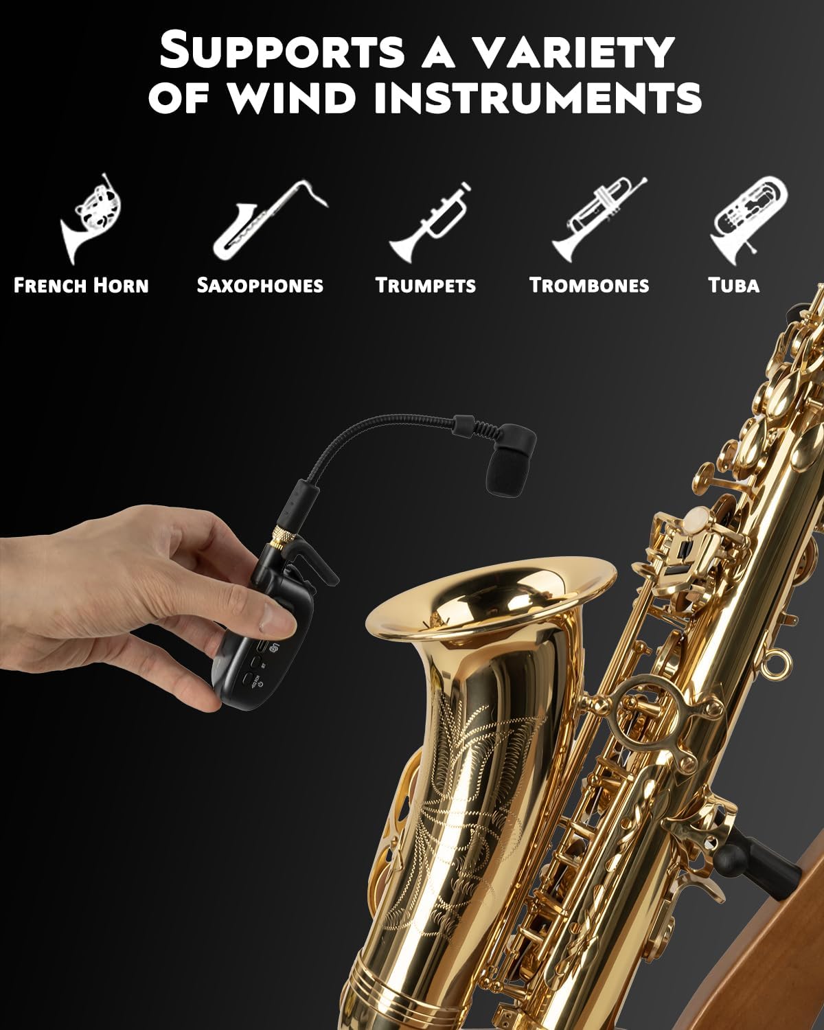 STRICH UHF Rechargeable Wireless Instrument Microphone System with Clip-on Transmitter & Receiver, 99ft Range, Reverb OTG Recording, for Trumpet, Trombone, Saxophone & Brass Instruments