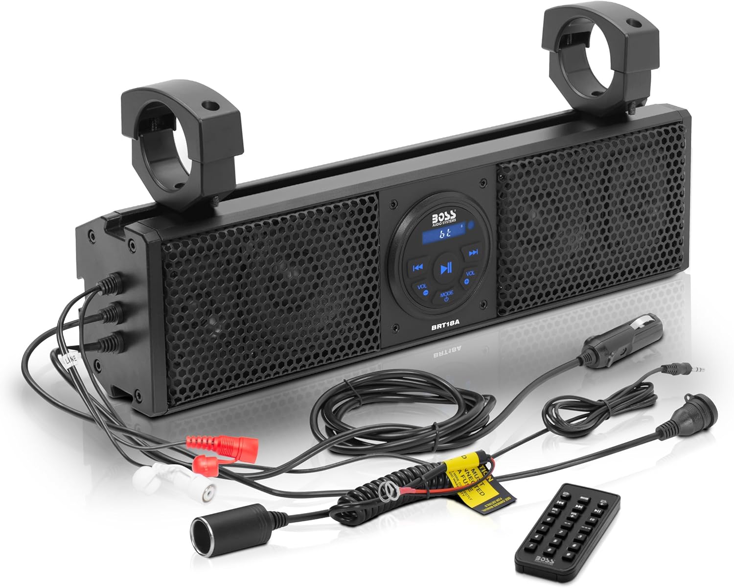 BOSS Audio Systems BRT18A ATV UTV Sound Bar - 18 Inches Wide, 4 inch Speakers, Full Range, 1 Inch Tweeters, IPX5 Weatherproof, Bluetooth, Built-in Amplifier, USB, Golf Cart Compatible