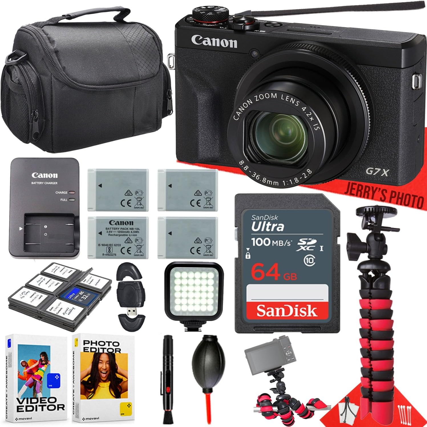 Canon PowerShot G7 X Mark III Digital Camera + Led Light + 64GB Memory + 3pc Extra Batteries + Spider Tripod + Cleaning Kit + More (17pc Bundle) (Renewed)