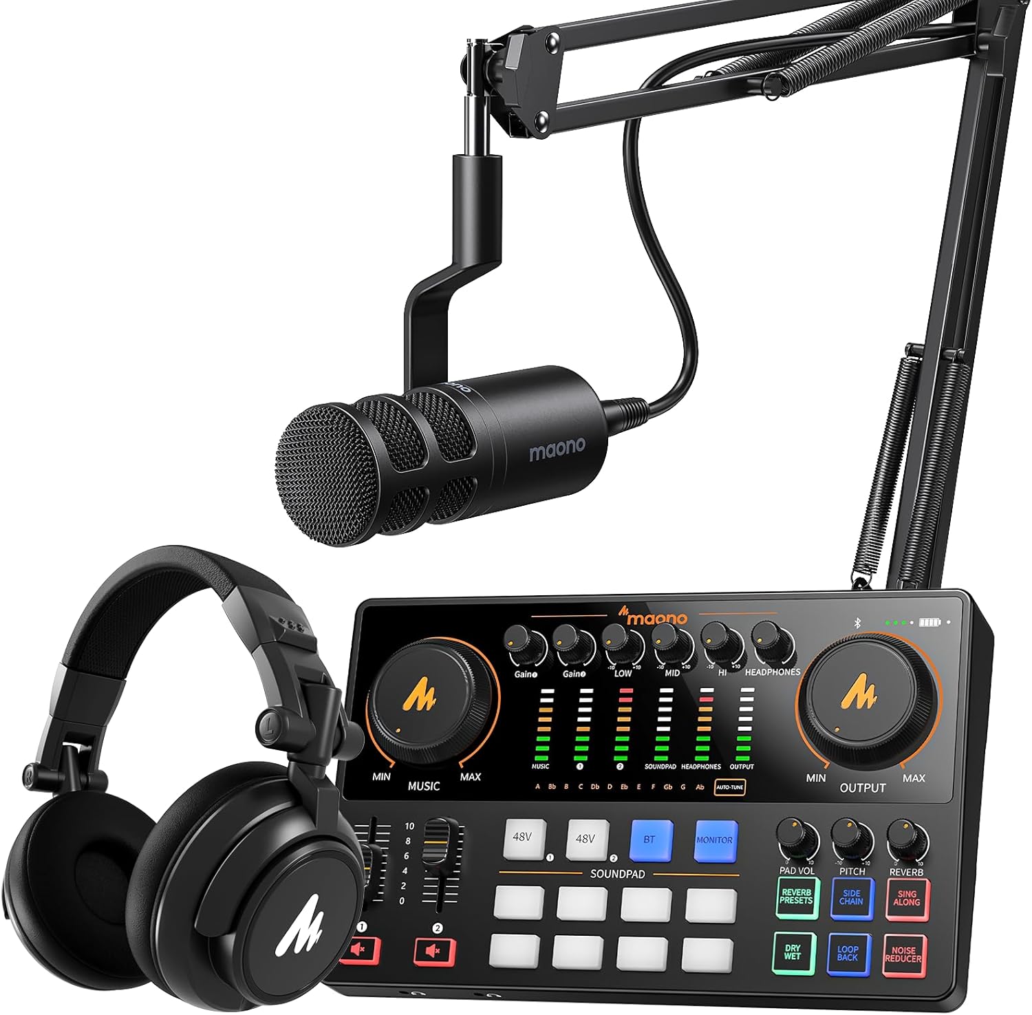 MAONO Podcast Equipment Bundle: Audio Interface, XLR Dynamic Mic and Headphones with Dual XLR Input, Quick to Mute, Noise Reduction, 8 Customize soundpads for Podcast Recording, Streaming, YouTube
