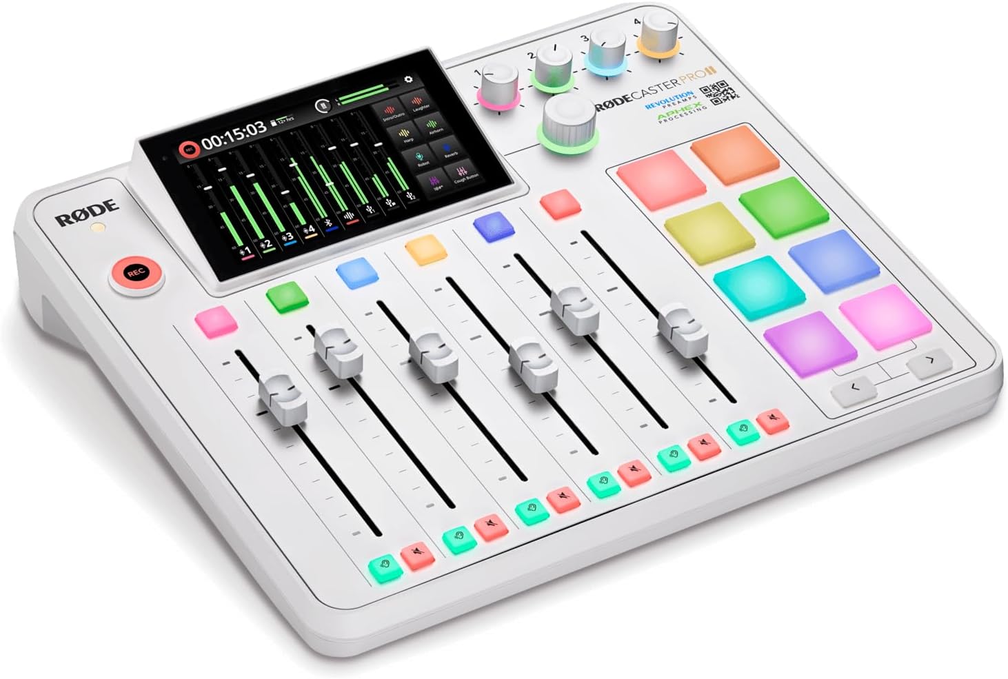 Rode RODECaster Pro II (White) Audio Production Console with 4x PodMic Microphones, PSA1+ Professional Boom Arms, Over-Ear Headphones, 32GB microSD Card & XLR Cables