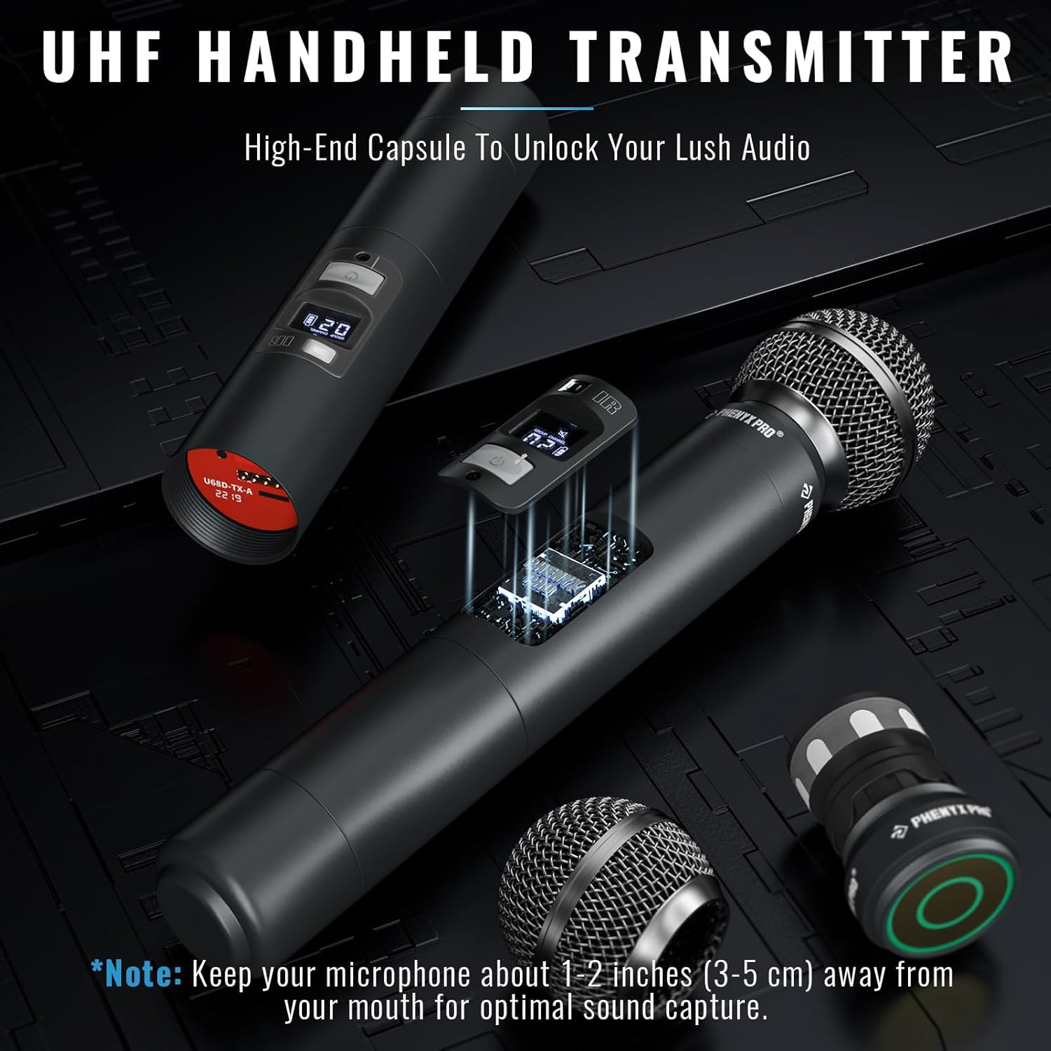 Phenyx Pro Wireless Microphone System Dual Wireless Mics,w/ 2 Handheld Dynamic Microphones, 2x100 Adjustable UHF Channels, Auto Scan,328ft Range PTU-71-2H Bundle with The Medium Size Carrying Case