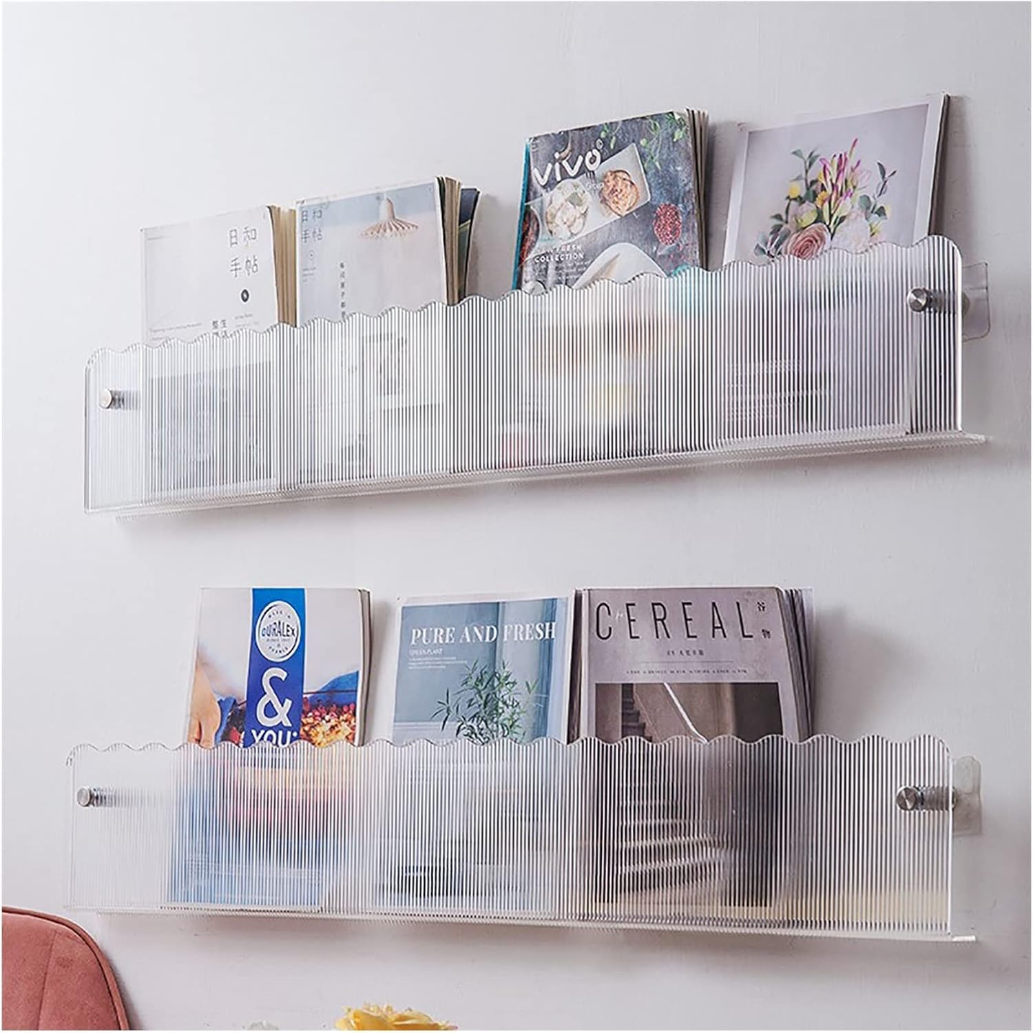 Acrylic Creativity Brochure Holder Wall Mount, 1 Tier Stripe Hanging Bookshelf Magazine Rack Literature Storage Rack for Waiting Room, Living Room, Office (Size : L39.4xW1.4xH5.9IN)