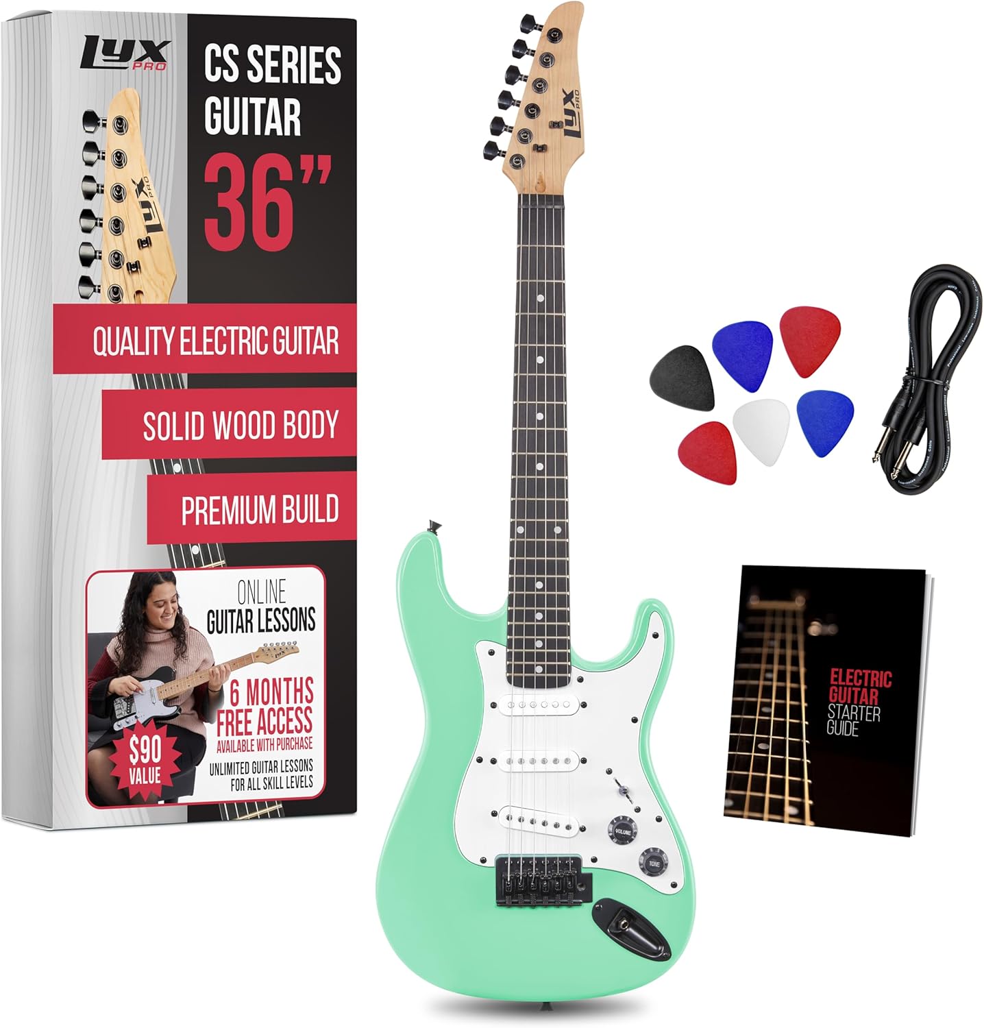 LyxPro CS 30” Electric Guitar Kit for Beginner, Intermediate & Pro Players with Guitar, Amp Cable, 6 Picks & Learner’s Guide | Solid Wood Body, Volume/Tone Controls, 5-Way Pickup - Green