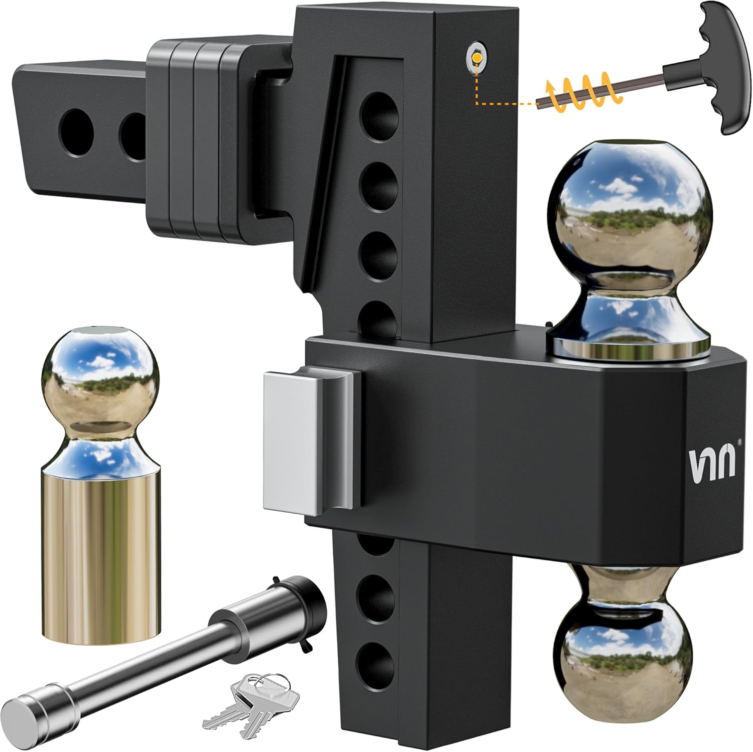VNN Adjustable Drop Hitch - 8 Inch Drop 2 Inch Receiver Interchangeable 3 Solid Ball Mount 1-7/8