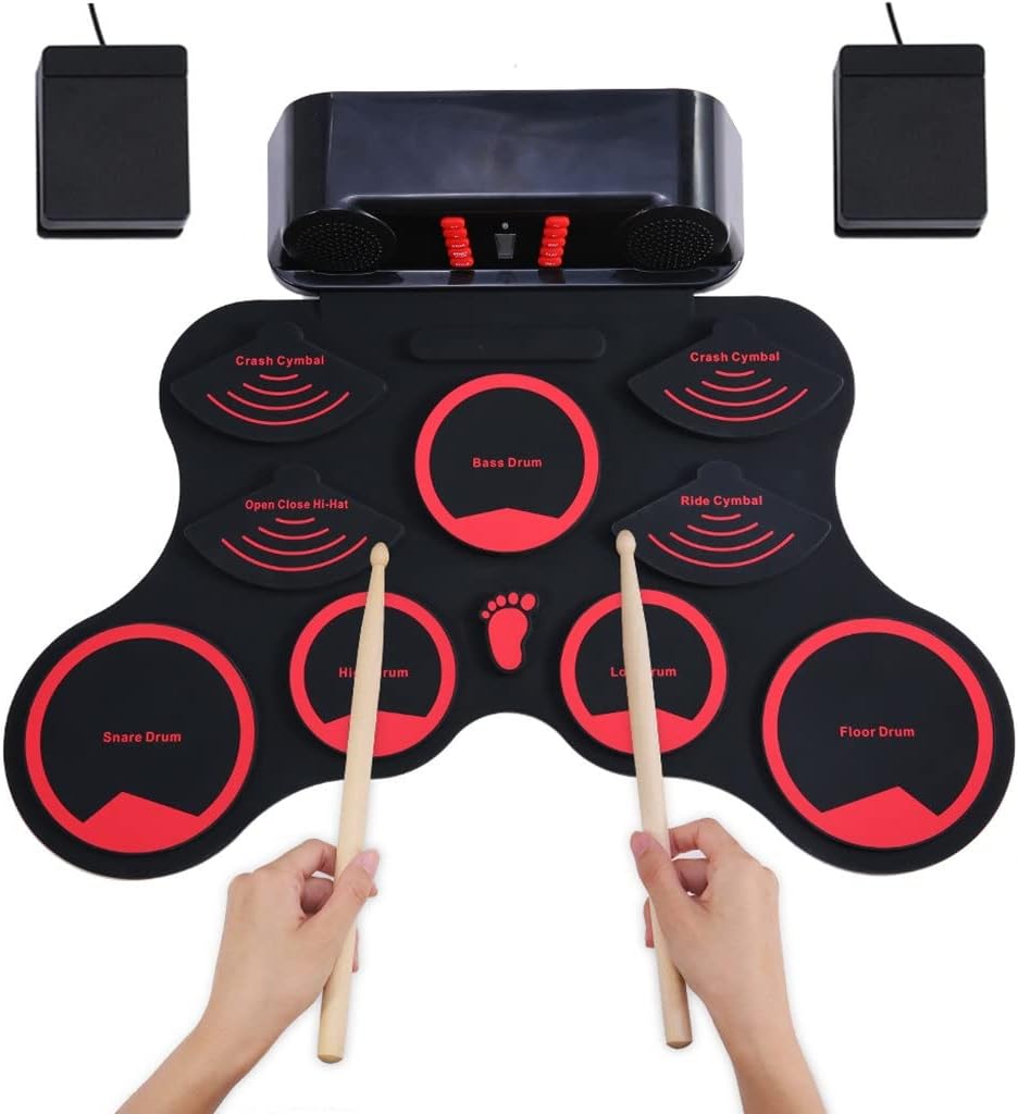 Portable Electronic Drum Set Digital Foldable MIDI Kit 9 Silicon Durm Pads Built-in Stereo Speakers (Color : As Shown, Size : One Size)