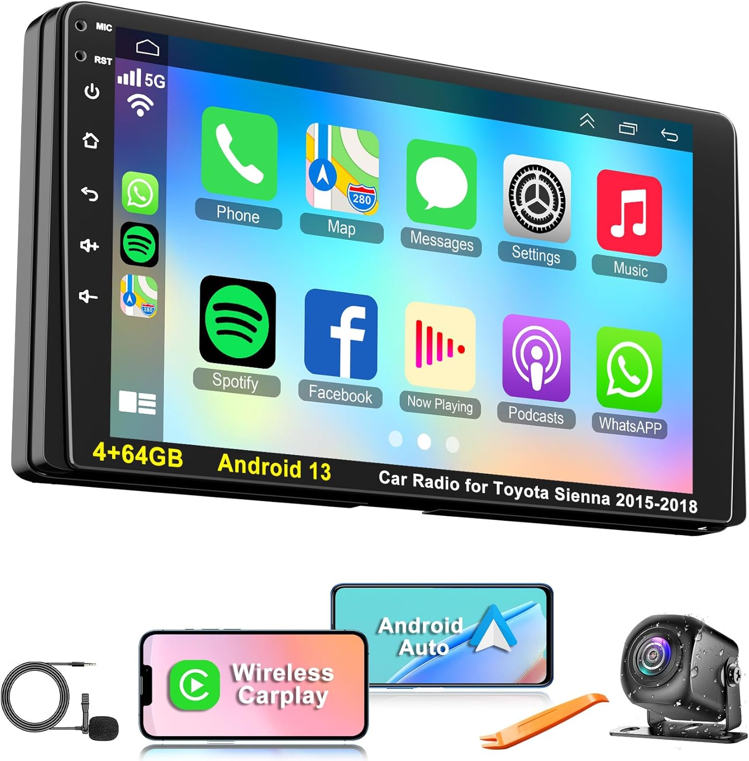 4+64GB Car Radio for Toyota Sienna 2015-2017 with Wireless Carplay & Android Auto, Android 13 IPS HD Car Stereo with Voice Control Bluetooth 5.2 FM RDS DSP EQ SWC GPS WiFi Backup Camera