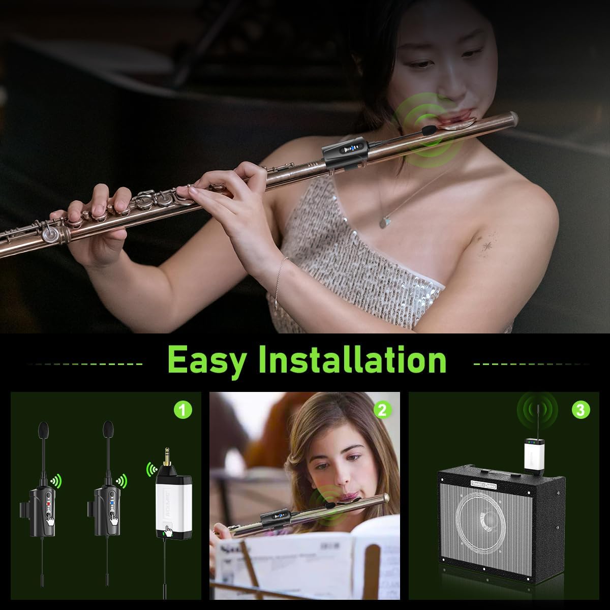 Dual UHF Flute Wireless Instrument Microphone Wireless Tie-on Mic for Flute, 1 Receiver and 2 Transmitter System for Live Performances, PA Systems, Audio Mixers, and Speakers Q2/DT-5