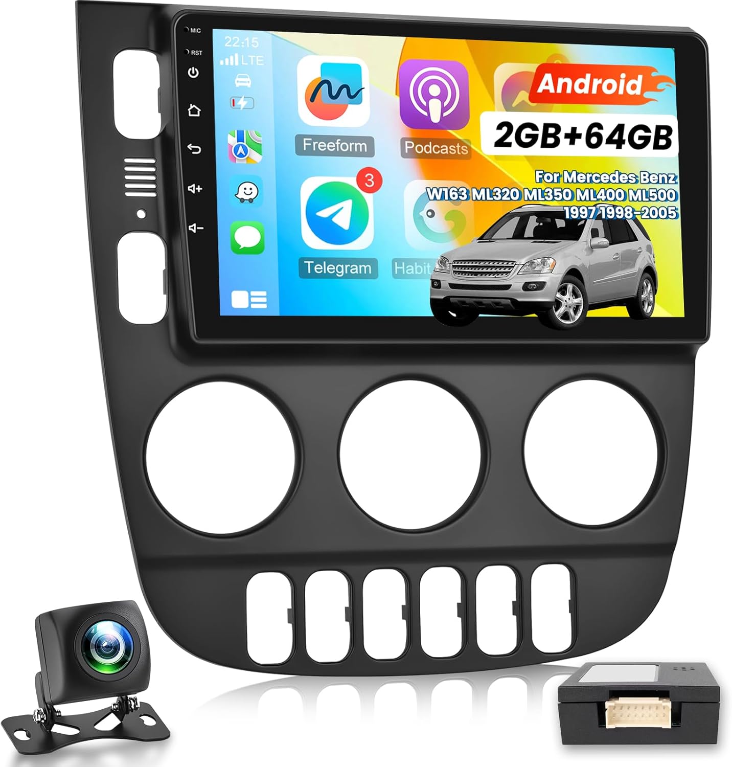 Car Stereo for Mercedes Benz W163 ML320 ML350 ML400 ML500 1997 1998-2005 - 9 Inch 2+64G Android Touchscreen Radio with Wireless Carplay and Android Auto, HiFi/WiFi/GPS/SWC + AHD Backup Camera