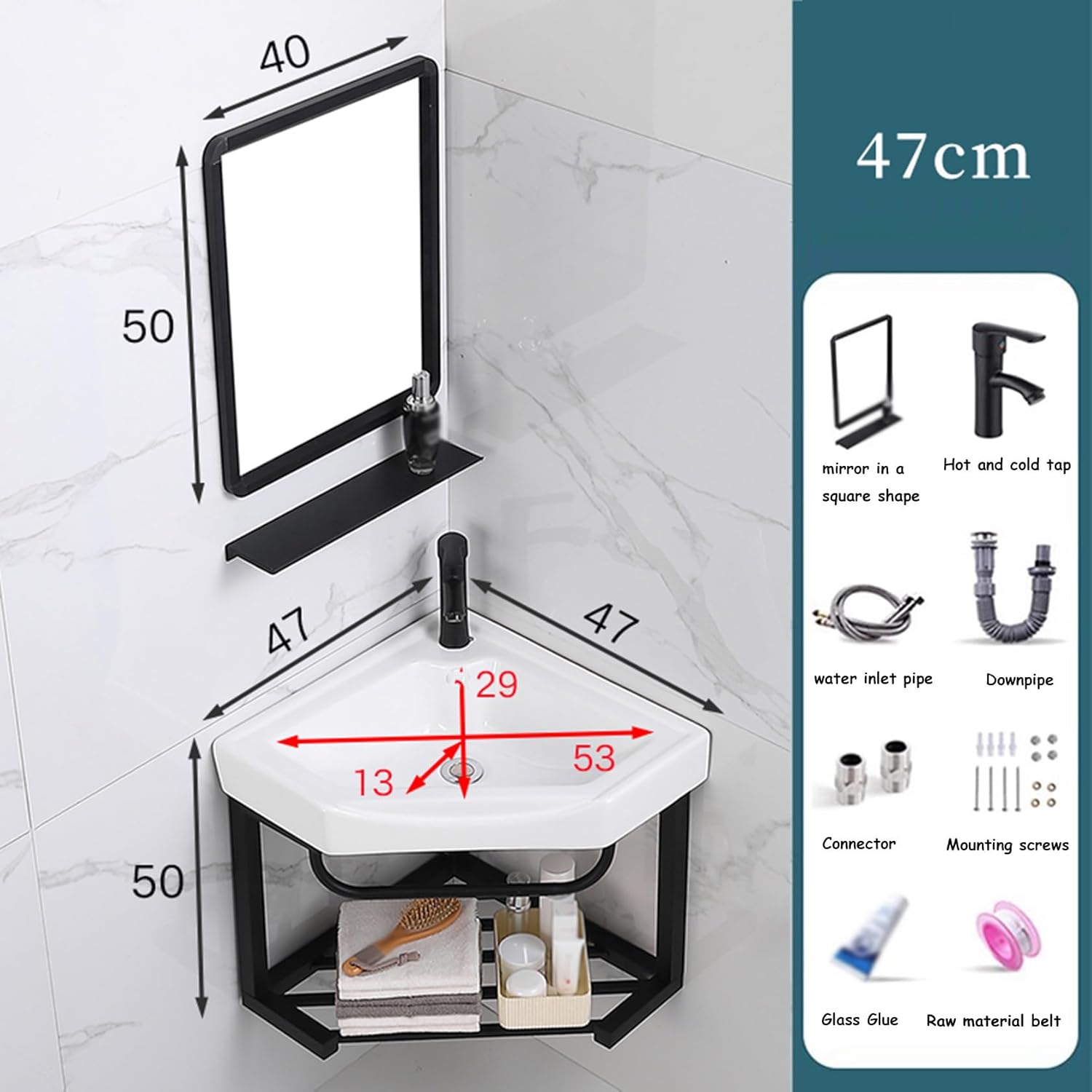 Corner Wall Mount Bathroom Sink, Wall Mounted Bathroom Sink, Bathroom Sink with Towel Rack,Without mirror-42x42cm,with Mirror-47x47cm