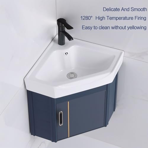 Corner Ceramic Bathroom Sink with Vanity Cabinet, Wall Mount Design, Space-Saving Storage Container, Complete Set with Faucet & Drain (White, 38cm/15in)