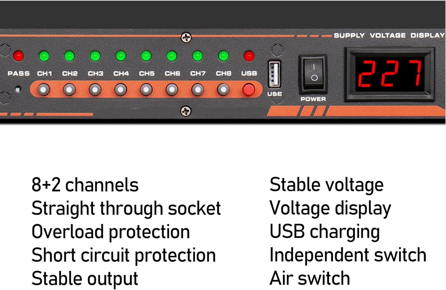 ciciglow 10 Outlet Power Sequencer Conditioner, Power Supply Controller Regulator with Digital Voltage Display, Independent Switch for Stage Studio Audio Equipment (US Plug)