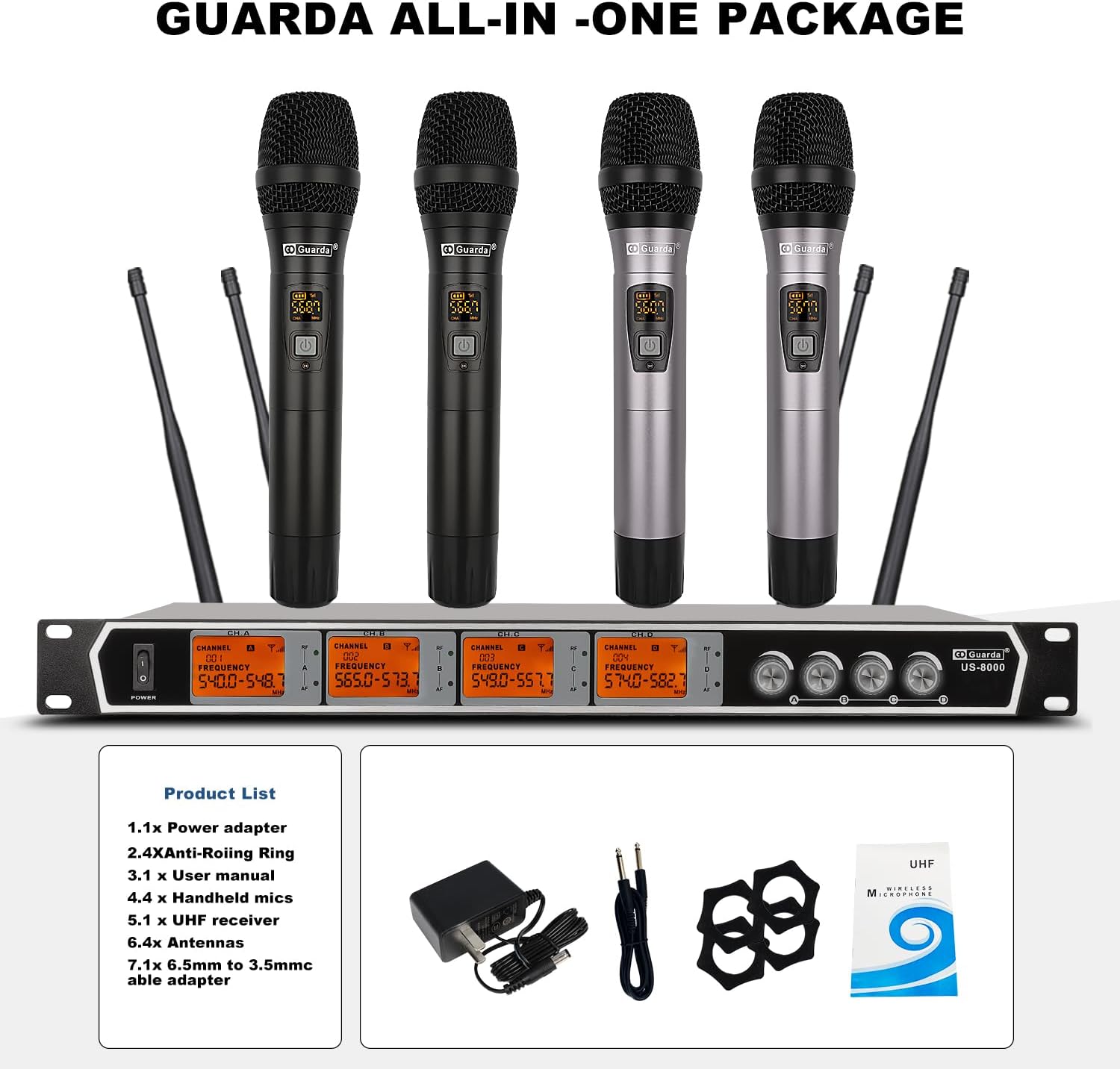 Guarda Audio Wireless Microphone System, 4-Channel UHF Wireless Mic, Fixed Frequency Metal Cordless Mic with 4 Handheld Dynamic Microphones, 260ft Range, Microphone for Singing,Church(US-8000)