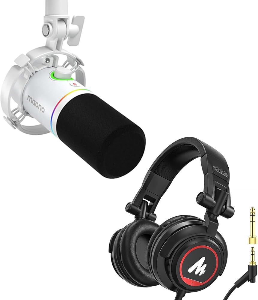 MAONO White Gaming Podcast Microphone Kit, PD200X with MH501 Studio Headphones for Gamer, Youtuber,Podcaster