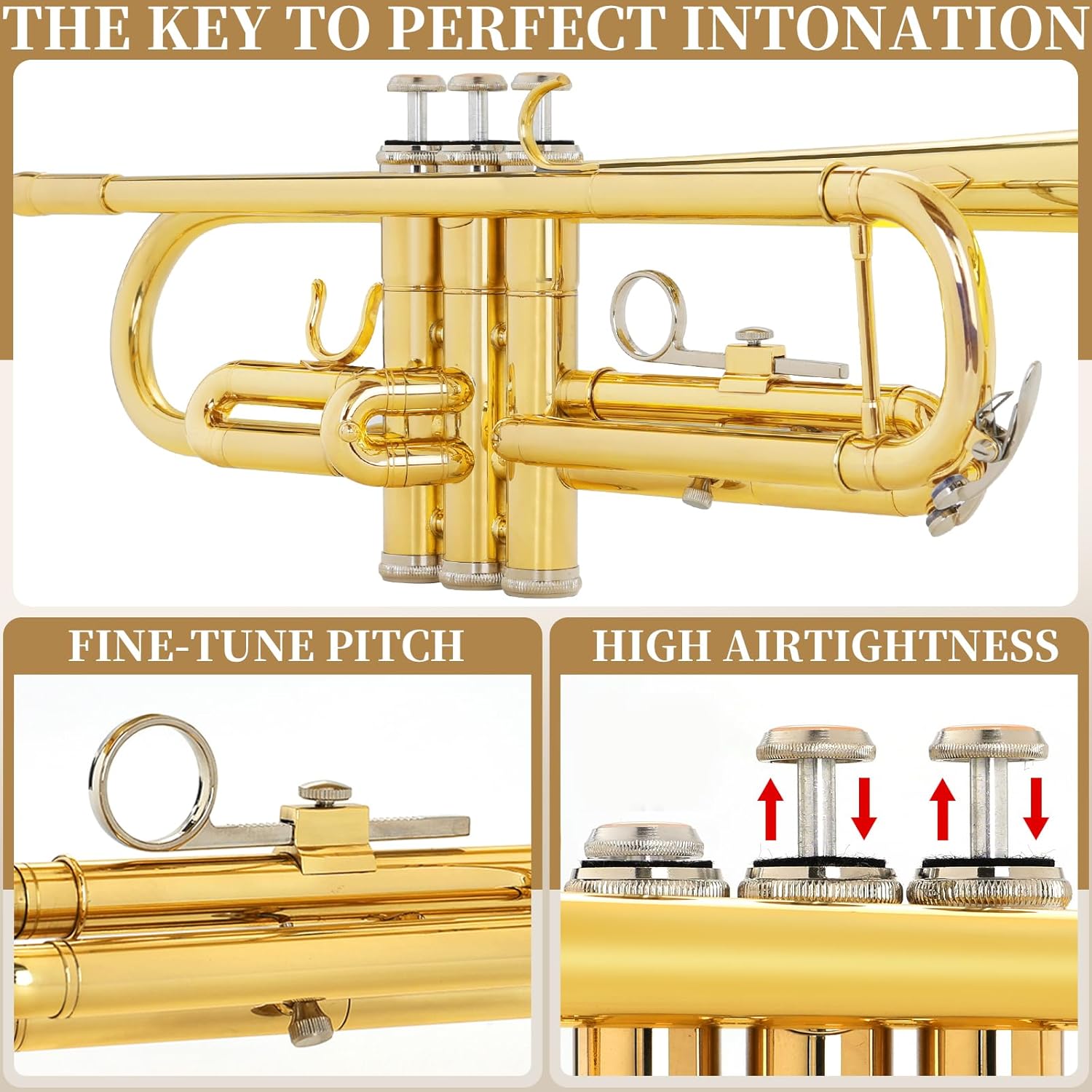 Kmise Bb Standard Trumpet, Premium Brass Trumpets for Student Beginner, Trumpet Instrument Set with Upgraded Case, 7C Mouthpiece, Mute, Beginner's Guide Kit, Cleaning Kit (Gold)