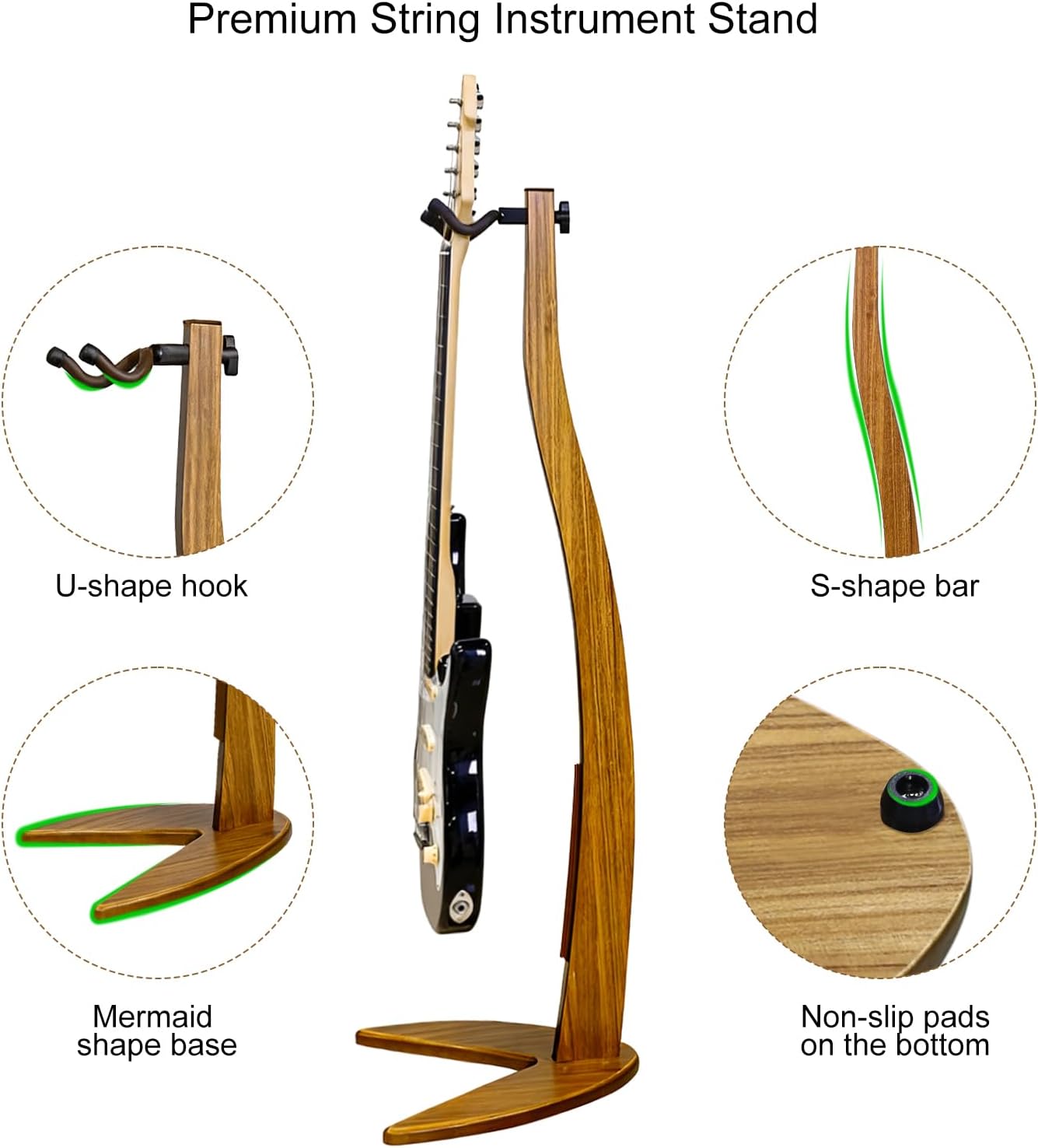 MUSO Guitar Bass Hanger Stand, Solid Wood Bow Holder Mermaid Shaped for Display and Storage, 42 inches Height Anti-scratched and Anti-bump, Deorate Studios, Living room and Stage (Black Walnut, 1)