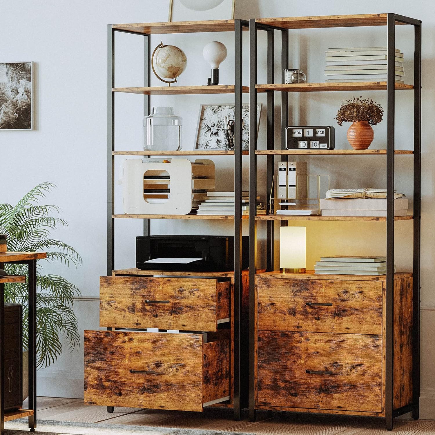 IRONCK Industrial Bookcase with File Cabinet Drawers, 71.6 in Tall Bookshelf 5 Tier, Freestanding Storage Home Office Cabinet Organizer, Rustic Home Decor, Vintage Brown