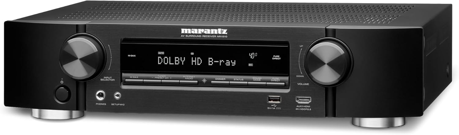 Marantz NR1510 UHD AV Receiver – Slim 5.2 Channel Home Theater Amplifier, Dolby TrueHD and DTS-HD Master Audio | Alexa Compatible | Stream Music via Wi-Fi, Bluetooth and HEOS Black