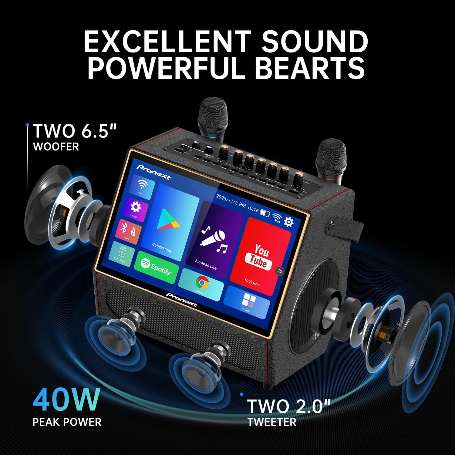 PRONEXT Karaoke Machine with Lyrics Display Screen for Adults, Bluetooth Speaker with 2 Rechargeable UHF Mics, 14