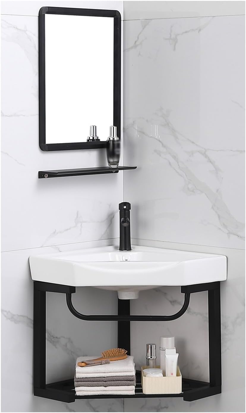 Corner Wall Mount Bathroom Sink, Wall Mounted Bathroom Sink, Bathroom Sink with Towel Rack,Without mirror-42x42cm,with Mirror-38x38cm