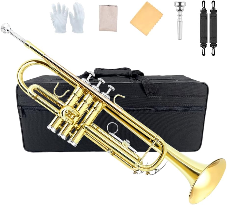 Yinfente Bb Standard Trumpet Set for Beginner or Advance Student, Brass Student Trumpet Instrument With Hard Case, 7C Mouthpiece, Cleaning Kit,White Gloves Glod
