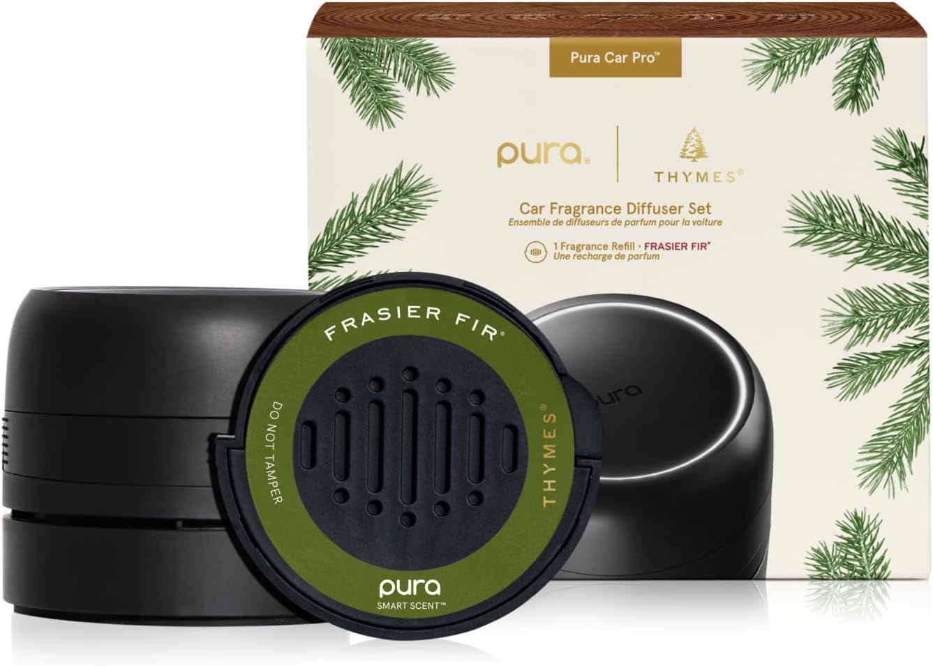 Thymes Frasier Fir Pura Car Diffuser – Pura Car Air Freshener with Refill – Frasier Fir Diffuser Refill with Notes of Crisp Siberian Fir Needles, Cedarwood & Sandalwood
