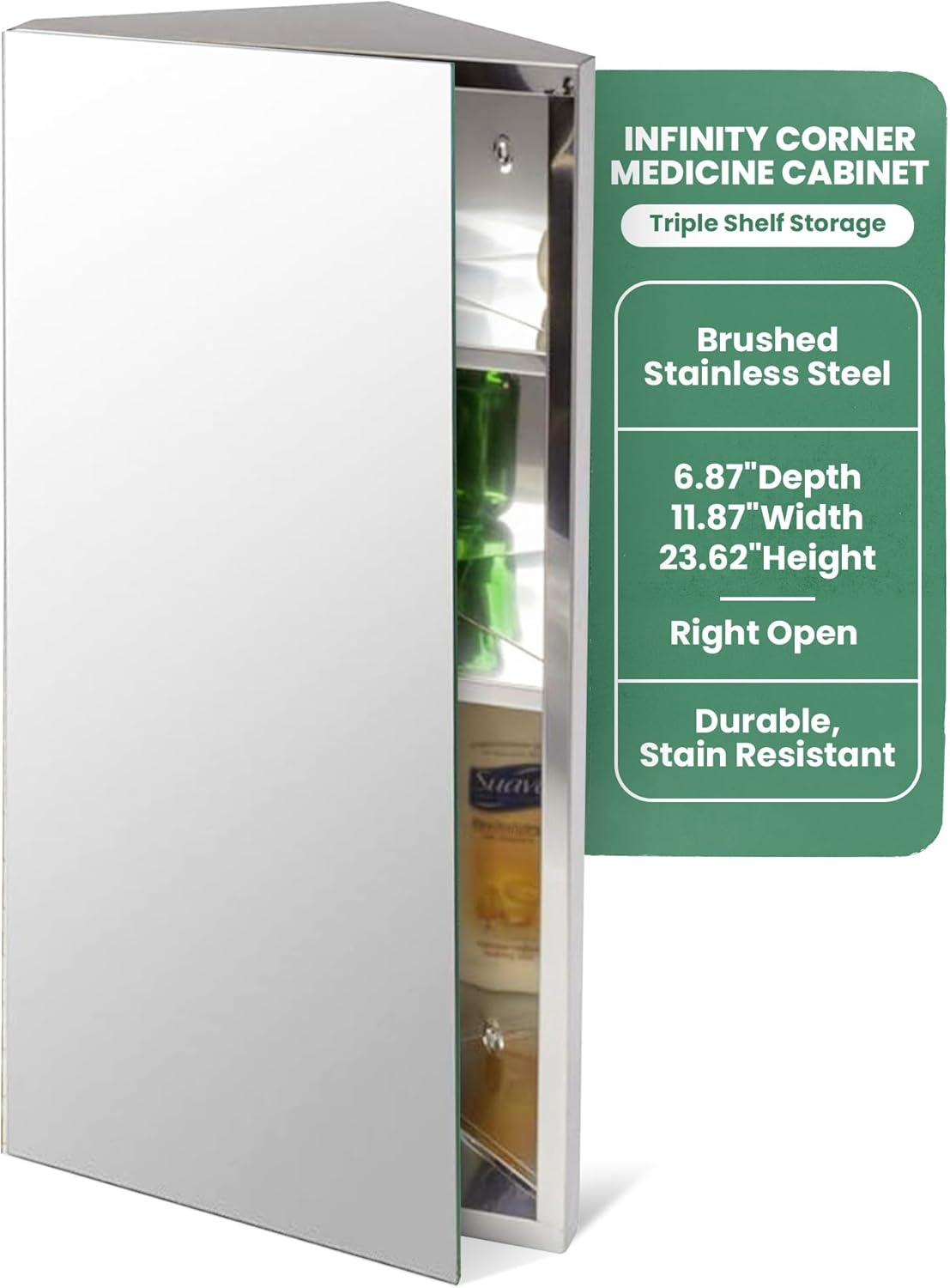 Renovators Supply Infinity Corner Medicine Cabinet with Mirror - Triple Shelf Storage Cabinet - Modern Wall Mount Medicine Cabinet - 23.6 in., Right Open, Polished Stainless Steel, Pack of 1