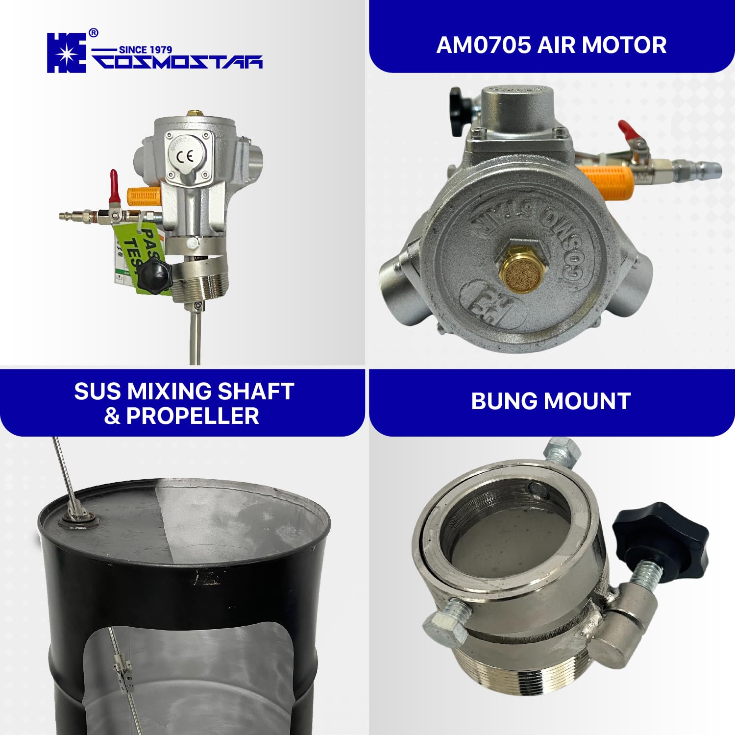 COSMOSTAR 55 Gallon Pneumatic Agitator 1/8HP Bung Mount Tank Barrel Drum Mixer | Pneumatic Bracket Mixer, Paint Stirring Machine Bracket Air Agitator Paint Mix Tool