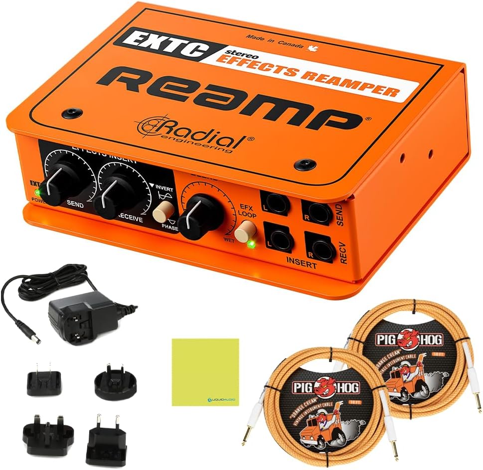 Radial Engineering EXTC-Stereo Guitar Effects Interface & Reamper Bundle w/ 2-Pack Pig Hog 10' Orange Cream 2.0 Instrument Cable, Power Adapter and Liquid Audio Polishing Cloth