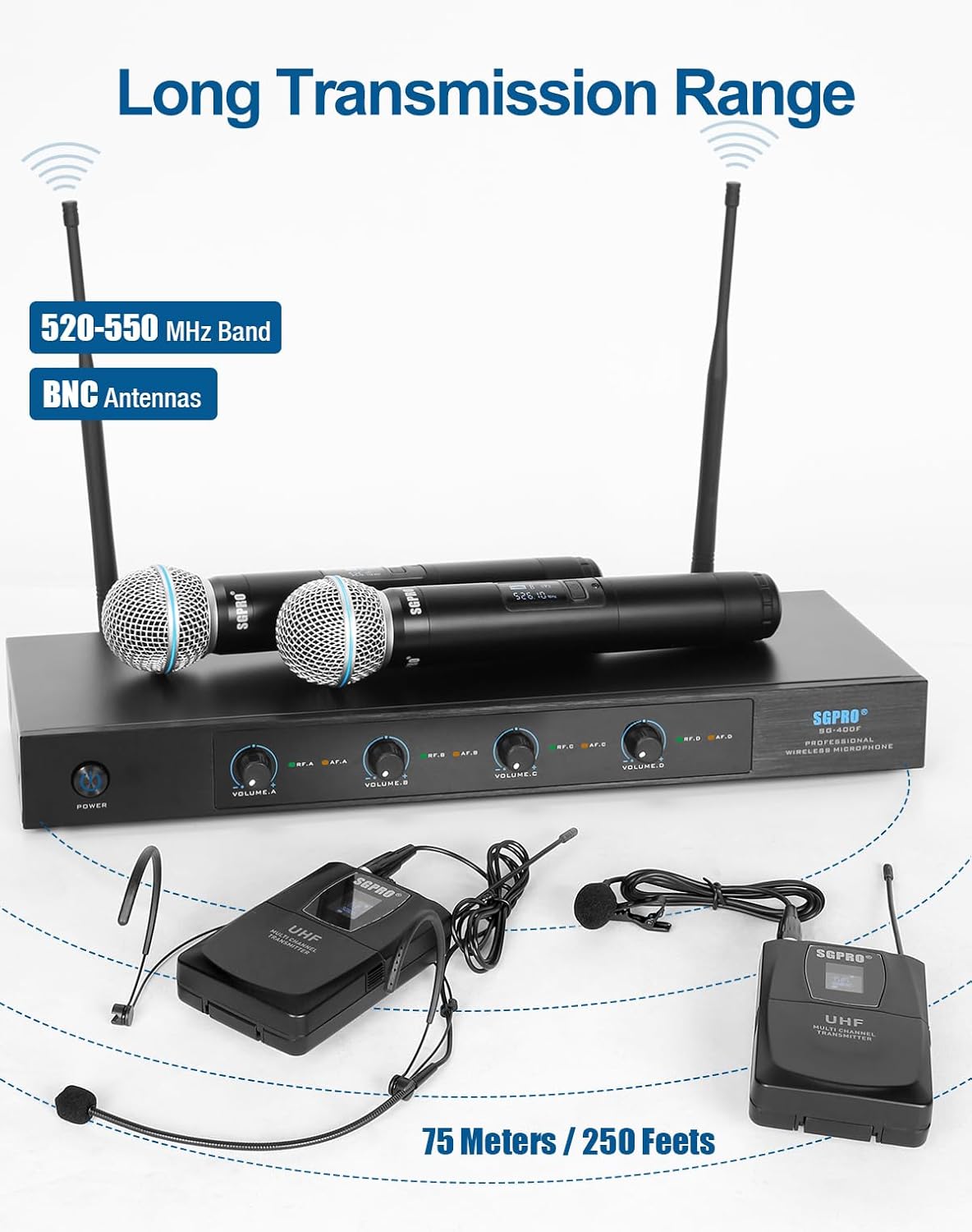 4-Channel Wireless Microphone System - 250Ft Range, Metal Mics & Receiver, Fixed Frequency, 2 Handheld & 2 Headset Configurations for Events & Live Performances (SG-400FHB)