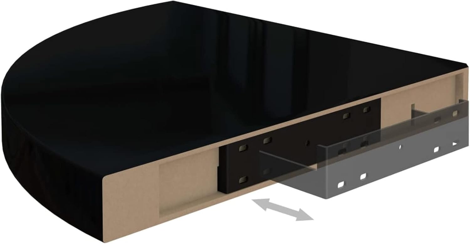 2 pcs Floating Corner Shelf High Gloss Black, Wall Mount Round End Floating Shelf Display Shelf Storage for Bathroom Bedroom Kitchen Living Room Office 13.8