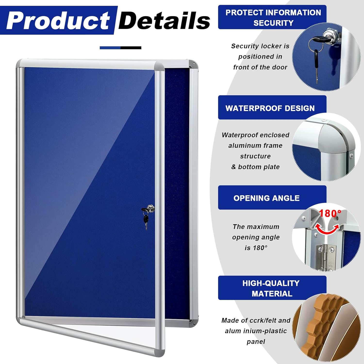 Blue Enclosed Bulletin Boards 36 x 46.5 Inch Lockable Noticeboard Displays Cork Boards Wall with Locking Door, Outdoor Bulletin Board Windproof Ideal for School Office Notices