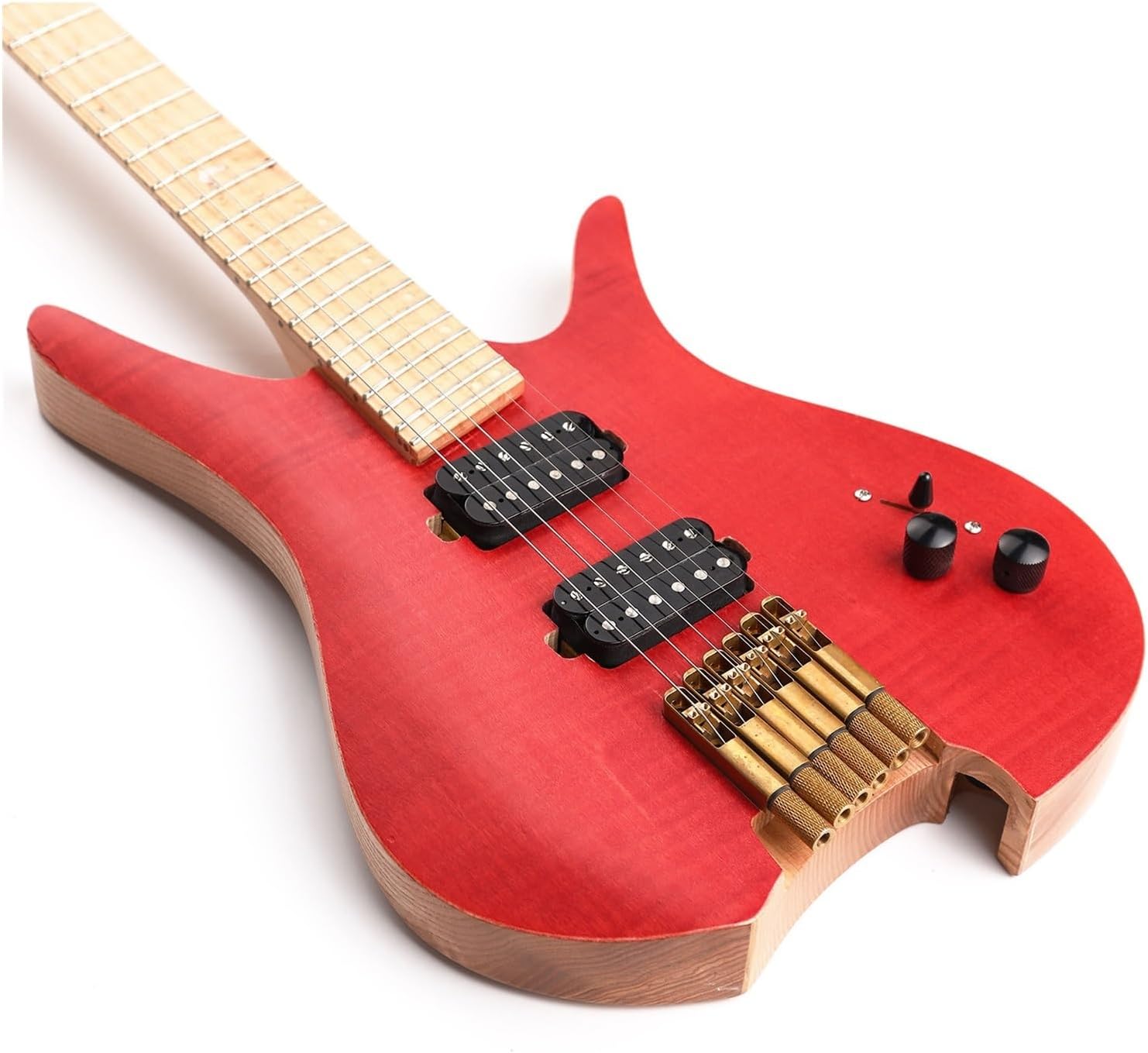 Headless Electric Guitar 6 String Fanned Fret Headless Electric Travel Guitar Ash Wood with Flame Maple Veneer