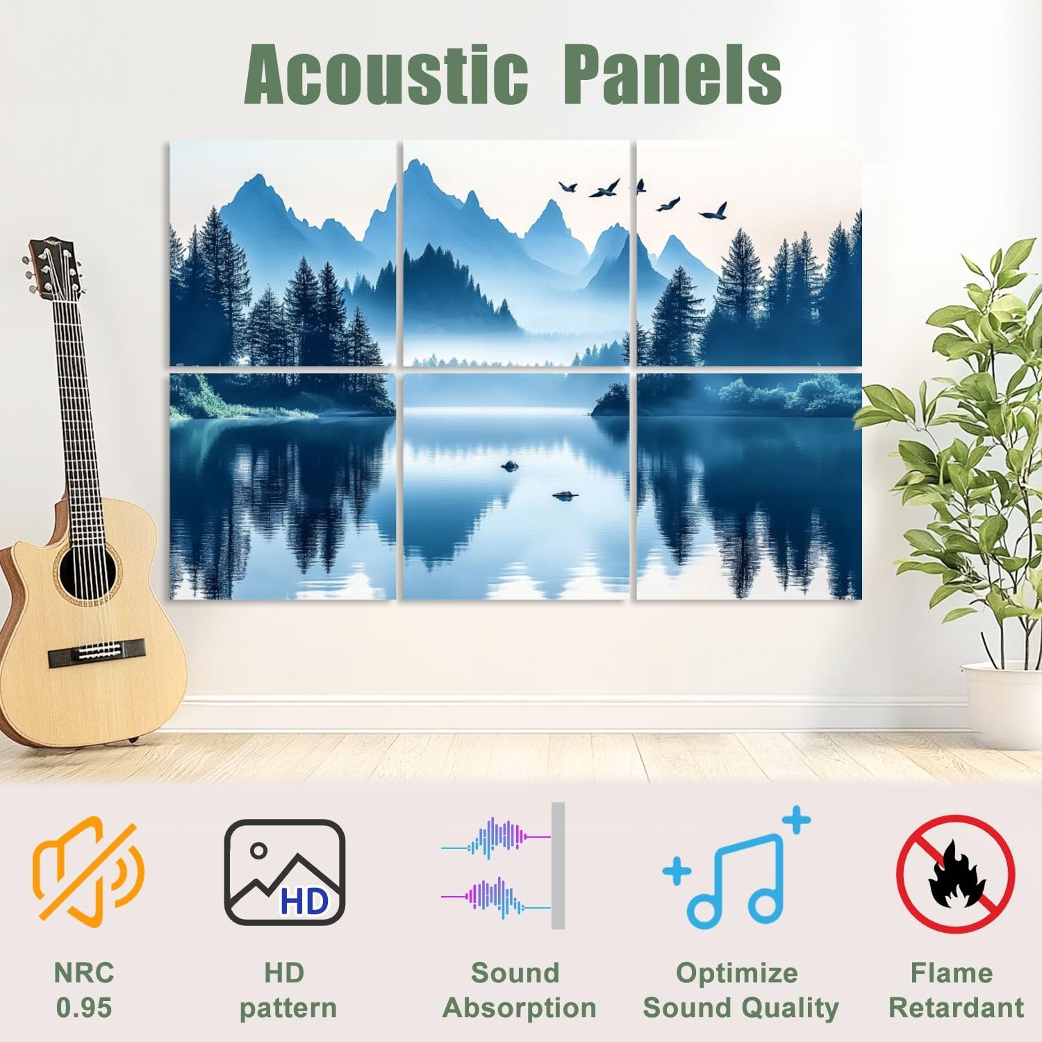 6 Pack Art Acoustic Panels Sound Absorbing Forest Modern Blue Mountains Lake Pine Trees Birds Flight Misty Decorative Soundproof Wall Panels Self Adhesive for Recording Studios Office 72