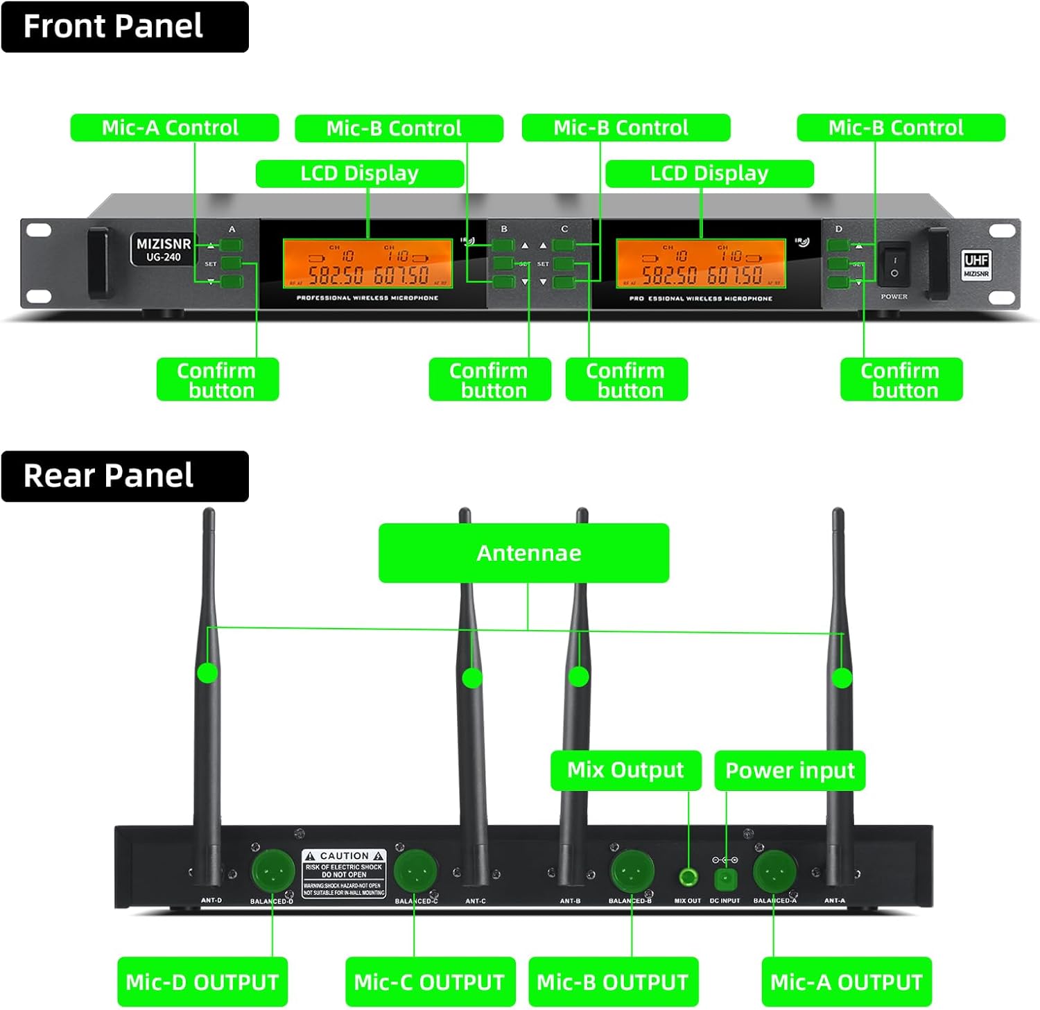 4 Channel Wireless Lapel Microphone System, UHF Metal Receiver Headset Lavalier Mics Set with 4x100 Adjustable Frequency 300ft Range for Church Karaoke Meeting Preaching(4 Bodypack, UG-240)
