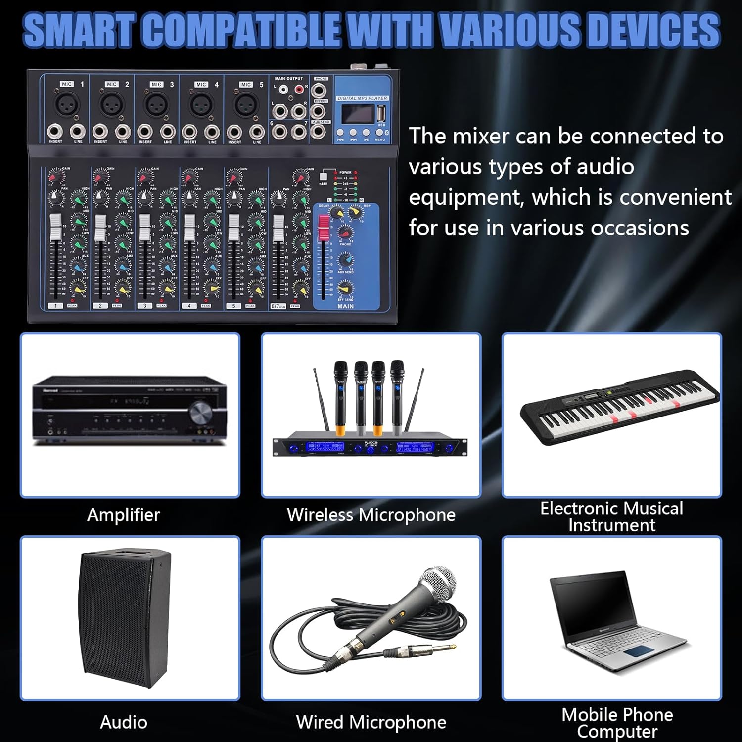 Bluetooth Portable Audio Mixer,7-Channel Sound Reinforcement Mixer MP3 Input 48V Power Studio Audio Mixer w/USB DJ Sound Mixing Console, Professional Live Studio Audio Mixer for Studio Recording