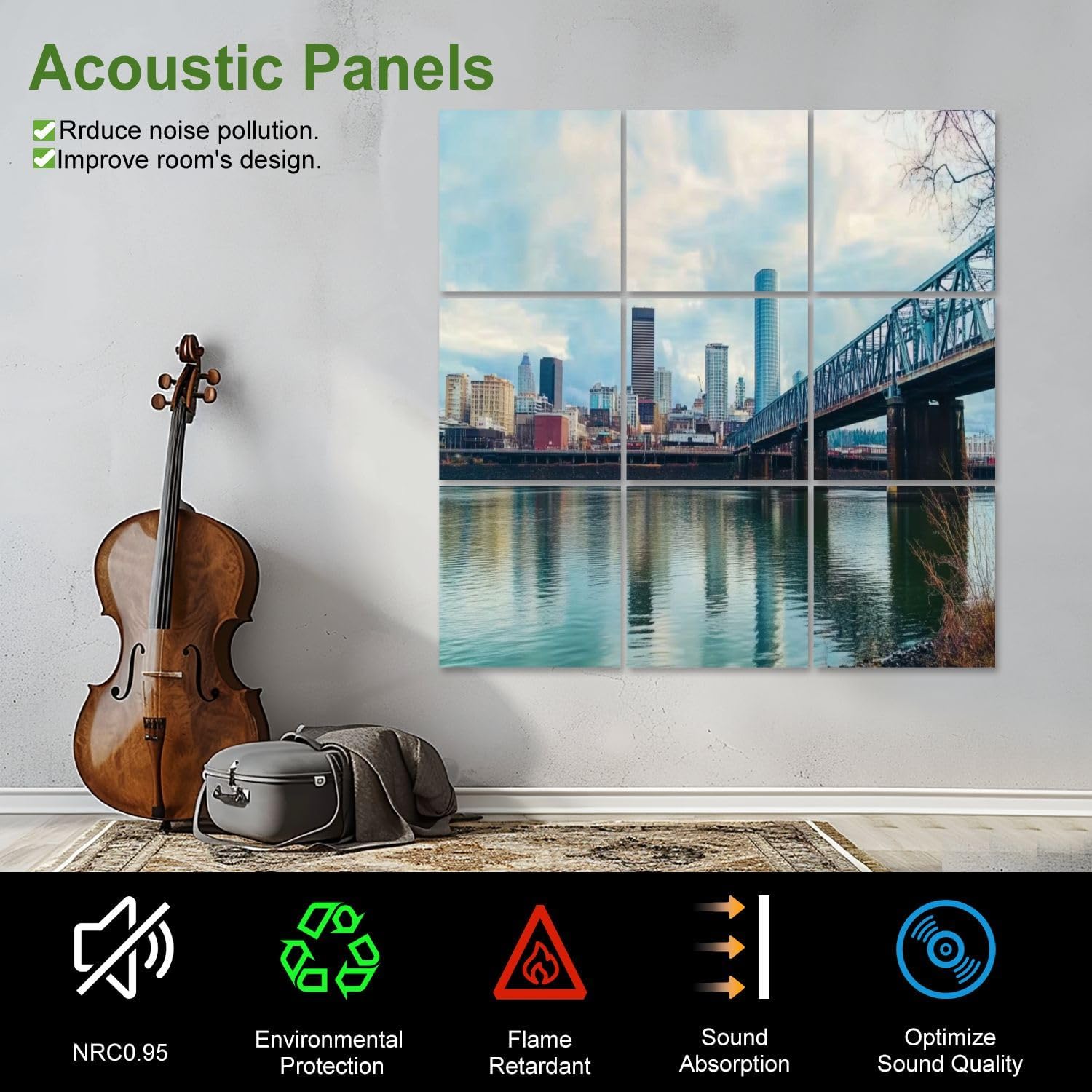 Art Acoustic Panels Self Adhesive portland oregon panoramas pictures 9 Packs Decorative Soundproof Wall Panels Large Sound Absorbing Panels for Home Office 60
