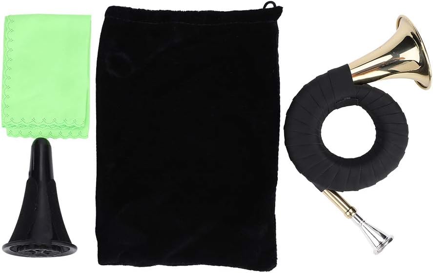 Brass Horn & Pocket Brass Bugle Horn Bb Key French Horn with Velvet Bag Tuning Bracket and Cleaning Cloth for Music Practice Travel Storage