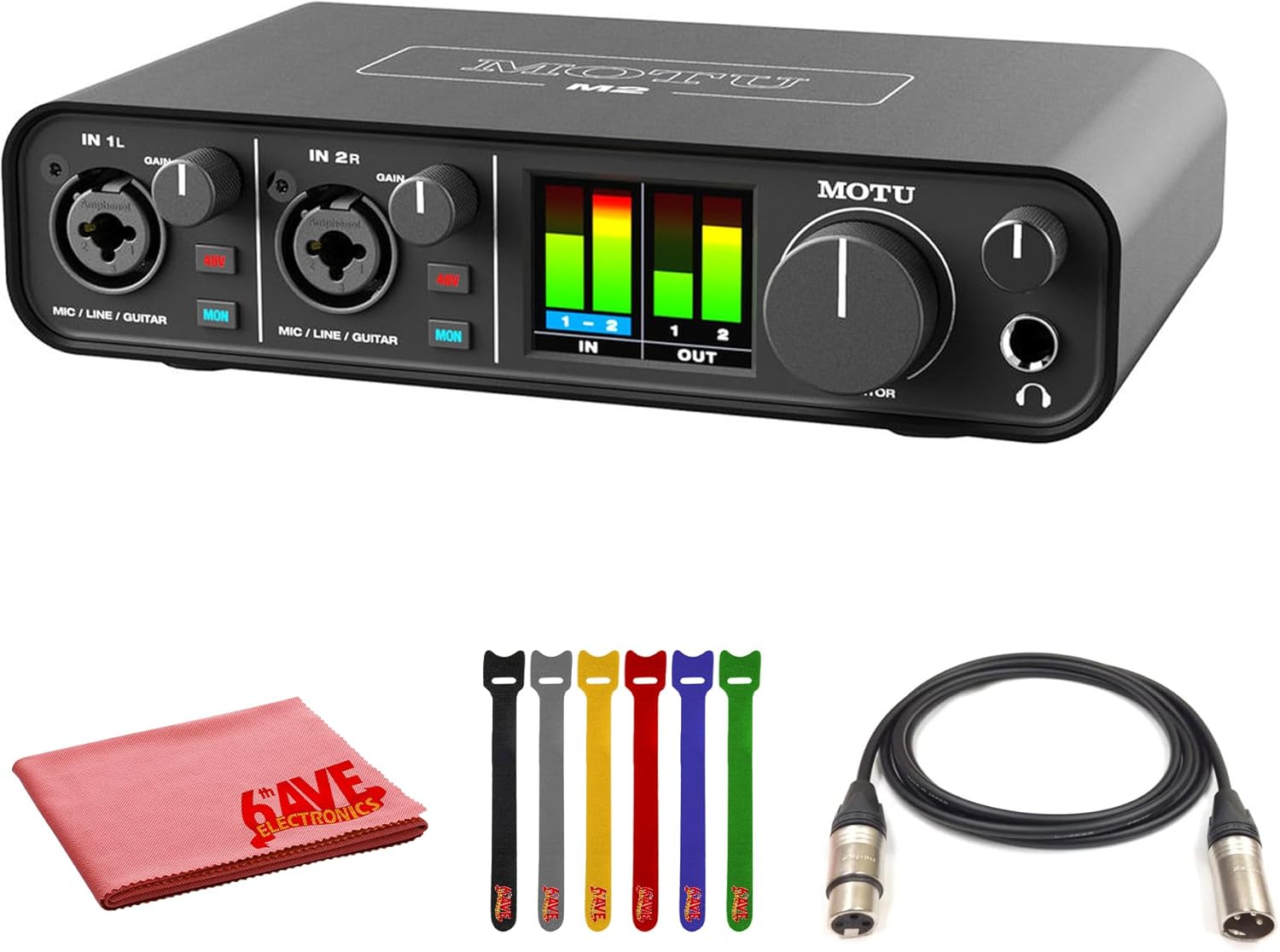 MOTU M2 USB-C Audio-MIDI Interface (3120) Bundle with 10 Ft XLR Cable, Fiber Cloth, Cable ties