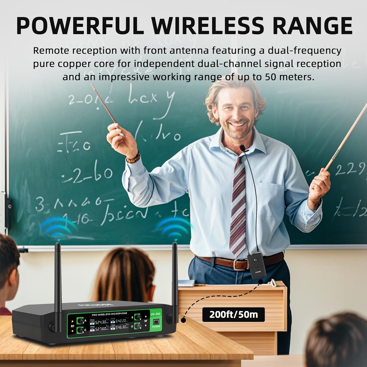 UG-550 Wireless Lapel Microphone, 4 Channel Professional UHF Wireless Microphone System with 4 Lavalier 4 Headset Mics for Singing Meeting Church Event TV Speaker (4 Bodypack, 200ft Range)