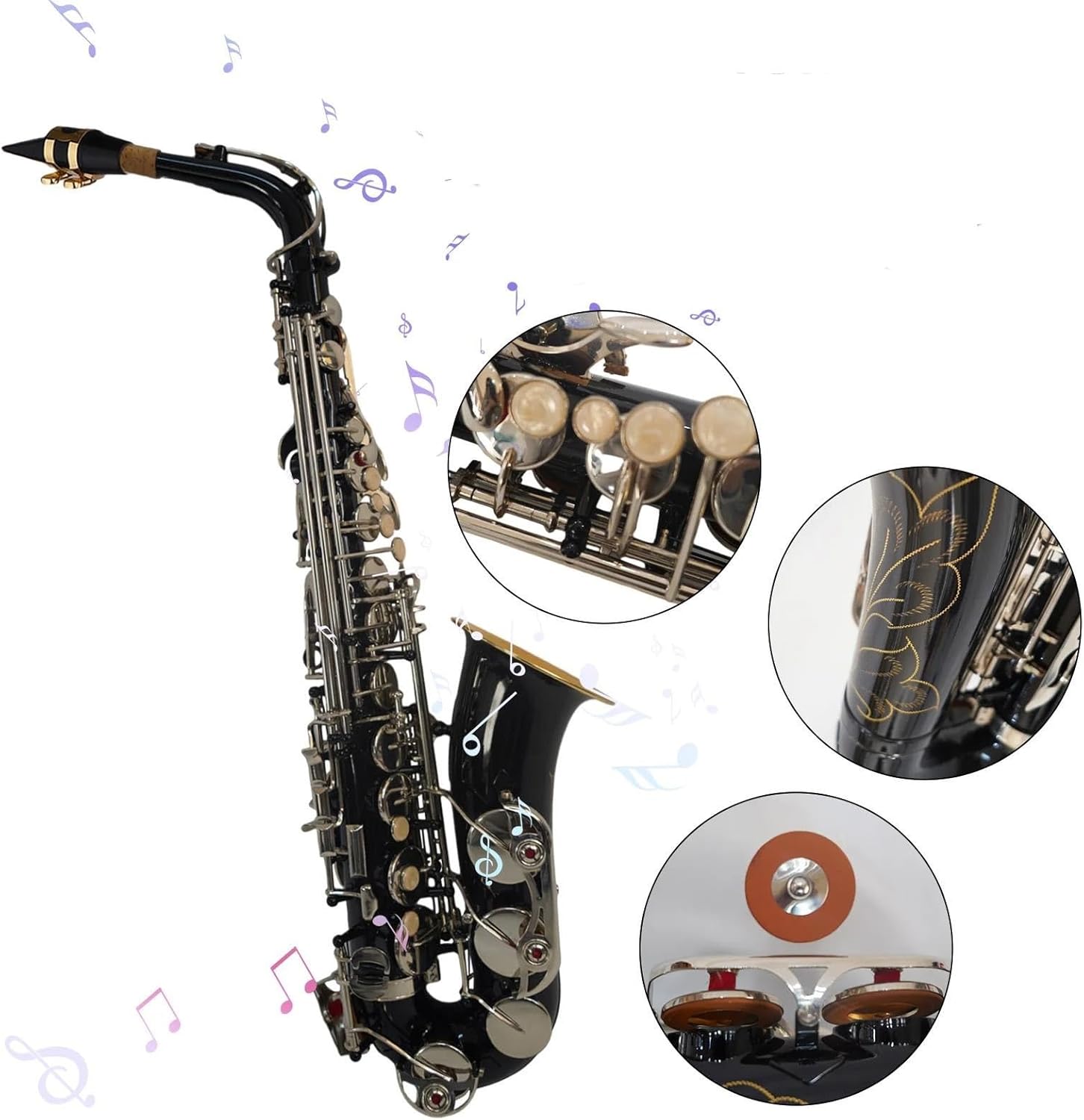 VBDEFRT Black Eb Alto Saxophone Sax Brass Body White Keys Woodwind Instrument With Carry Case Cloth Brush Sax Neck